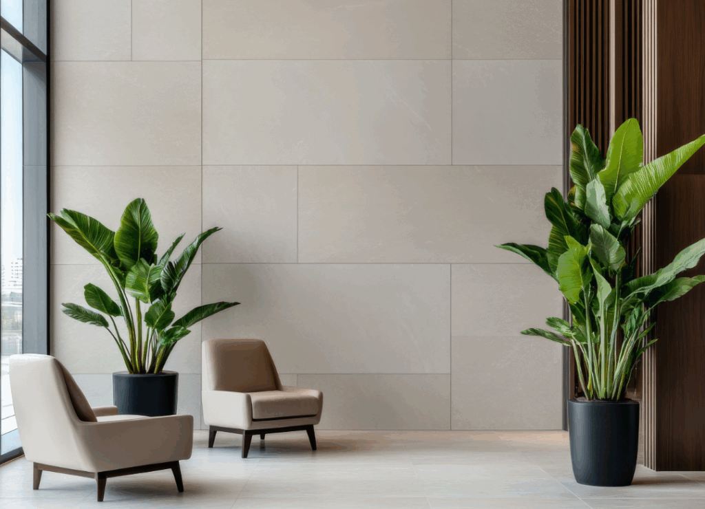 Piso porcelánico de gran formato Rivarolo instalado en sala moderna, mostrando diseño elegante y acabado rectificado.