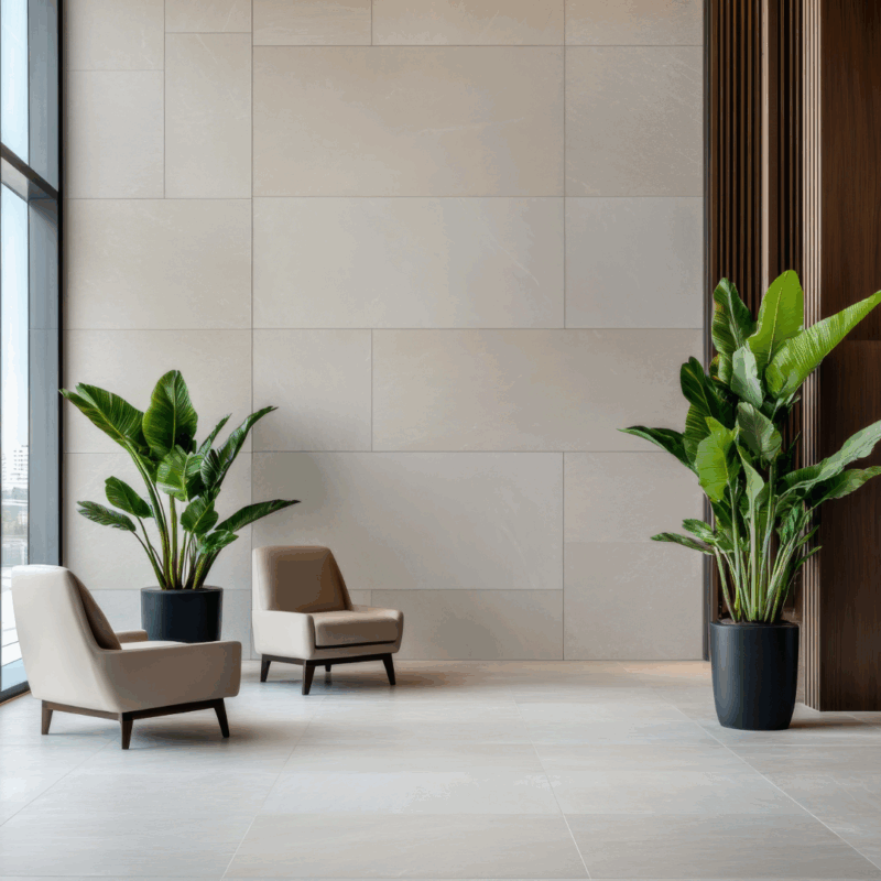 Piso porcelánico de gran formato Rivarolo instalado en sala moderna, mostrando diseño elegante y acabado rectificado.