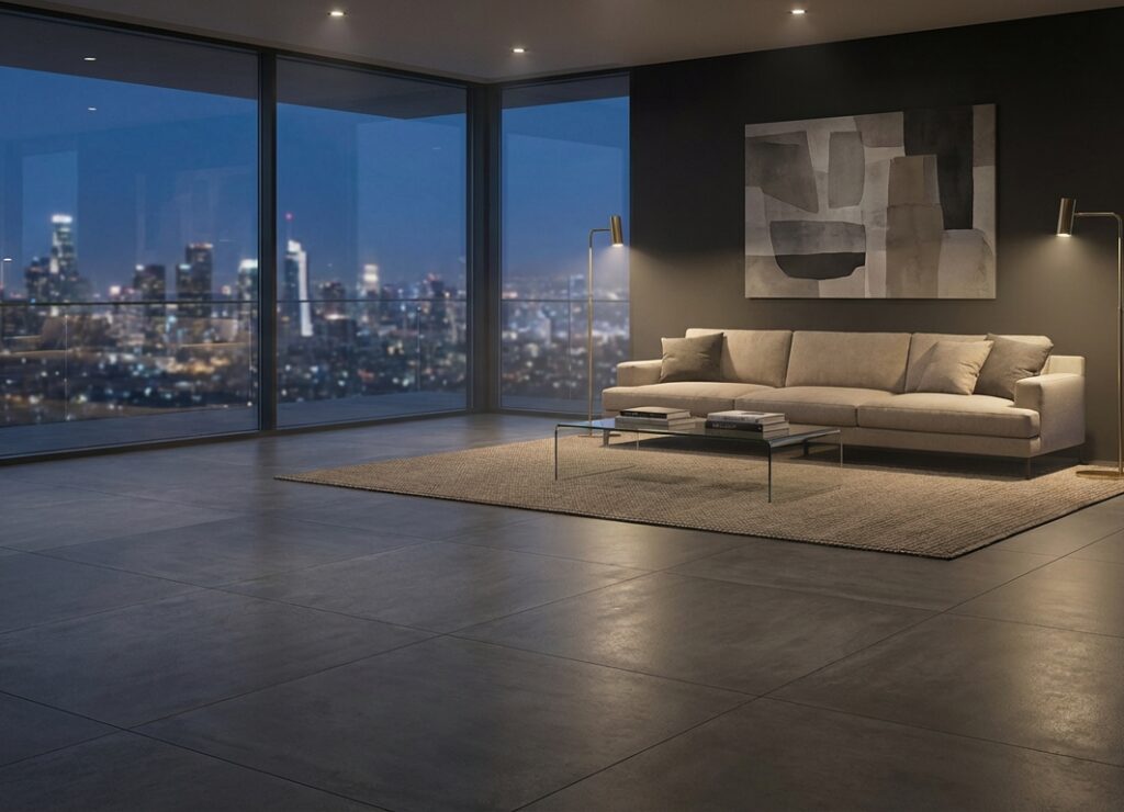Sala moderna de noche con piso porcelánico rectificado gran formato color oscuro
