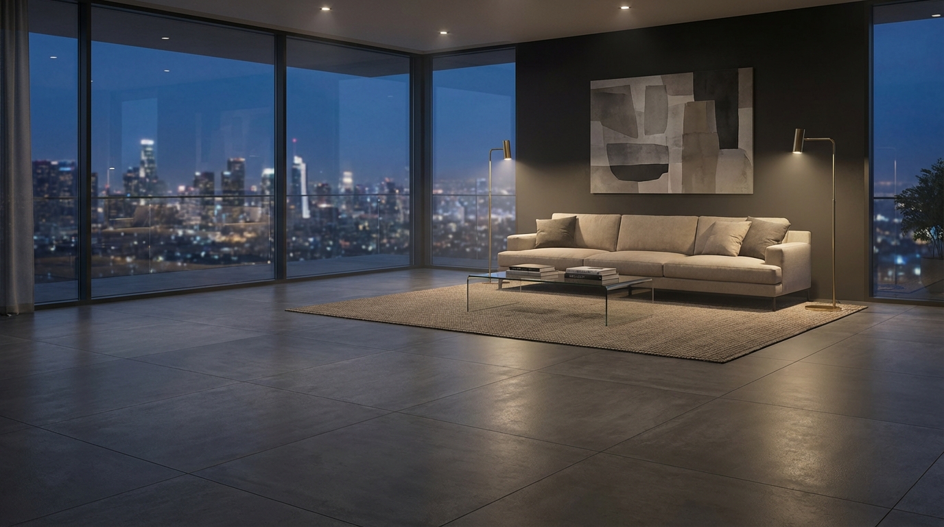 Sala moderna de noche con piso porcelánico rectificado gran formato color oscuro