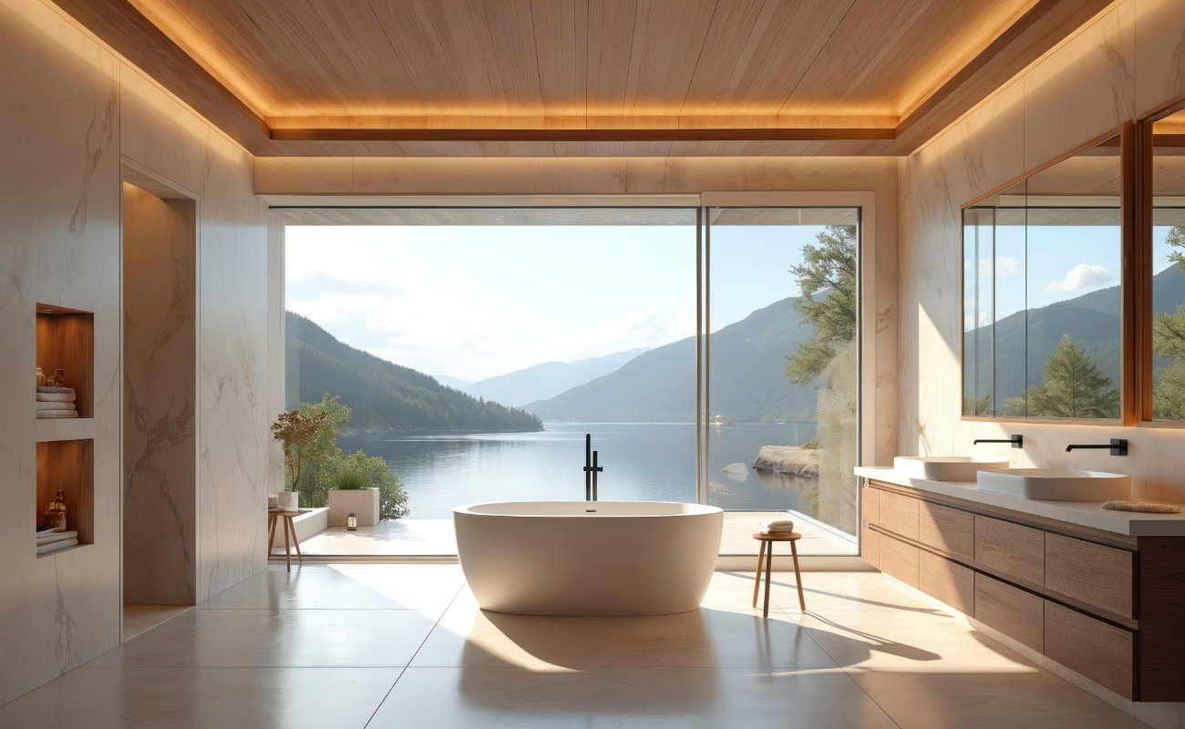 Piso de gran formato Rivarolo 90x180 instalado en showroom de Grupo Dalvi 25 poniente