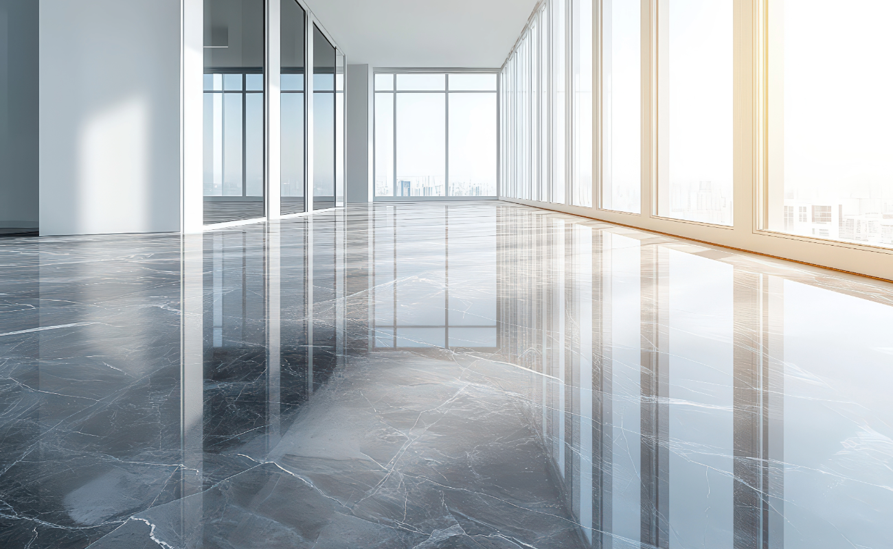 Piso de gran formato Rivarolo 90x180 instalado en showroom de Grupo Dalvi 25 poniente