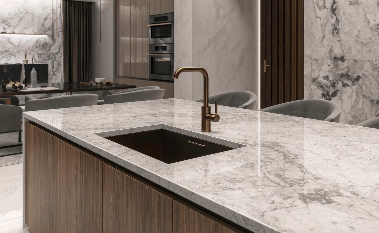 Piso de gran formato Rivarolo 90x180 instalado en showroom de Grupo Dalvi 25 poniente