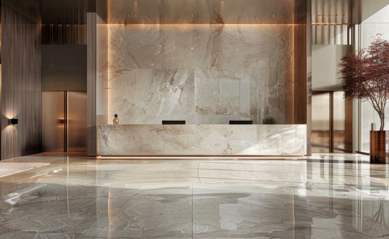 Piso de gran formato Rivarolo 90x180 instalado en showroom de Grupo Dalvi 25 poniente