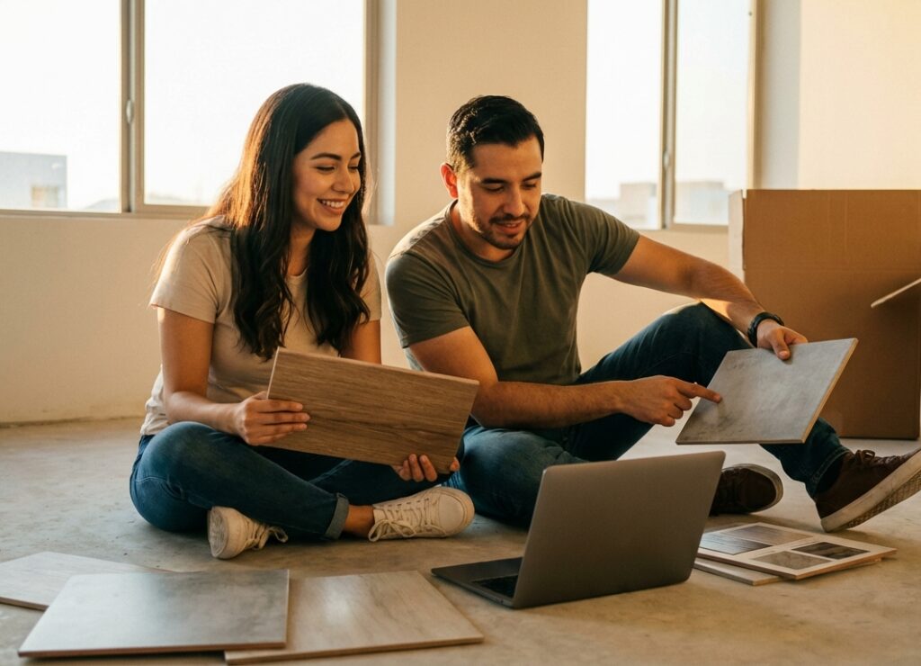 Familia eligiendo pisos porcelánicos en showroom de Grupo Dalvi en Puebla
