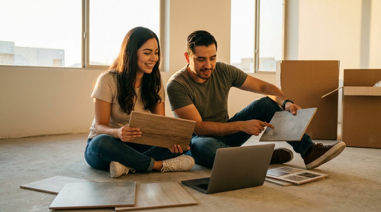 Familia eligiendo pisos porcelánicos en showroom de Grupo Dalvi en Puebla
