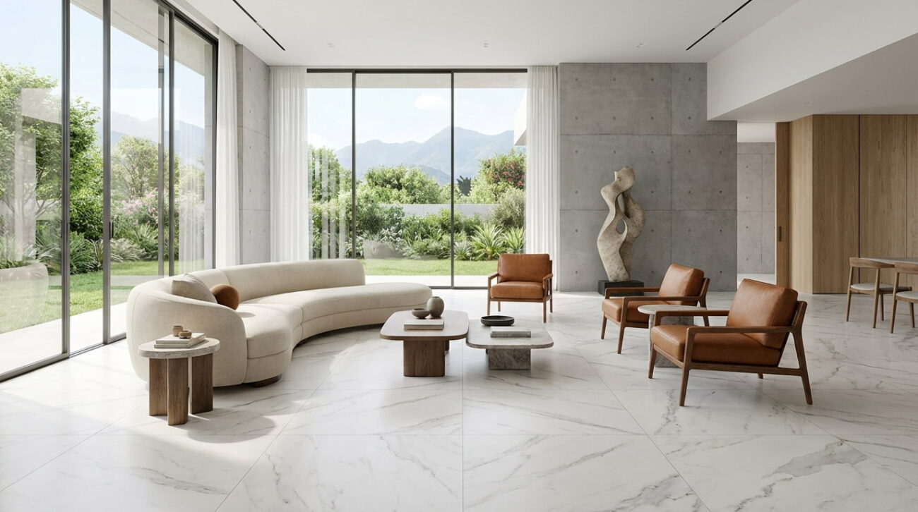 Sala moderna con pisos porcelánicos de gran formato 120x120cm patrón mármol