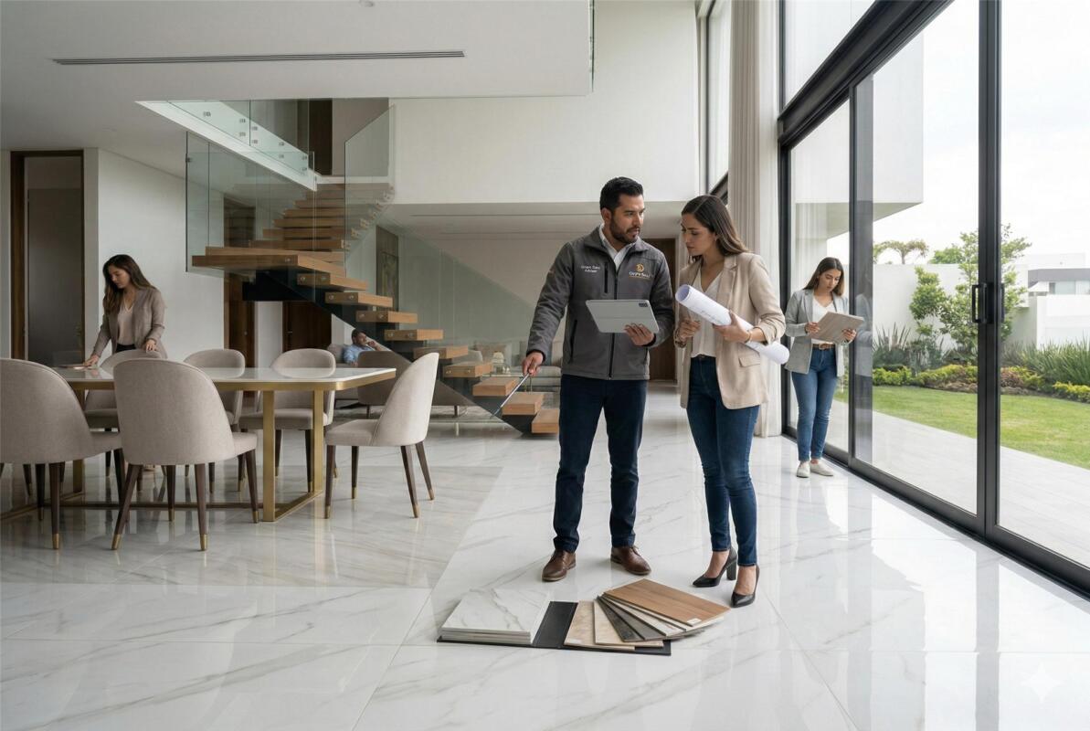 Asesor de Grupo Dalvi mostrando muestras de pisos porcelánicos y efecto madera a cliente en residencia con piso gran formato en Puebla
