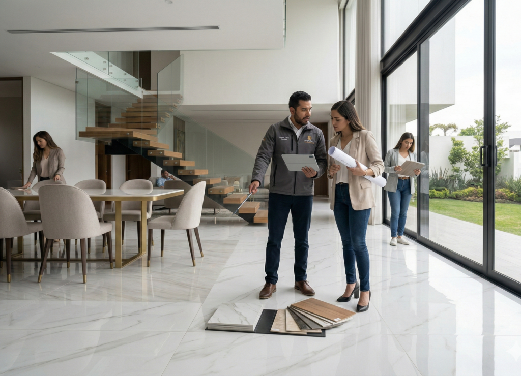 Asesor de Grupo Dalvi mostrando muestras de pisos porcelánicos y efecto madera a cliente en residencia con piso gran formato en Puebla