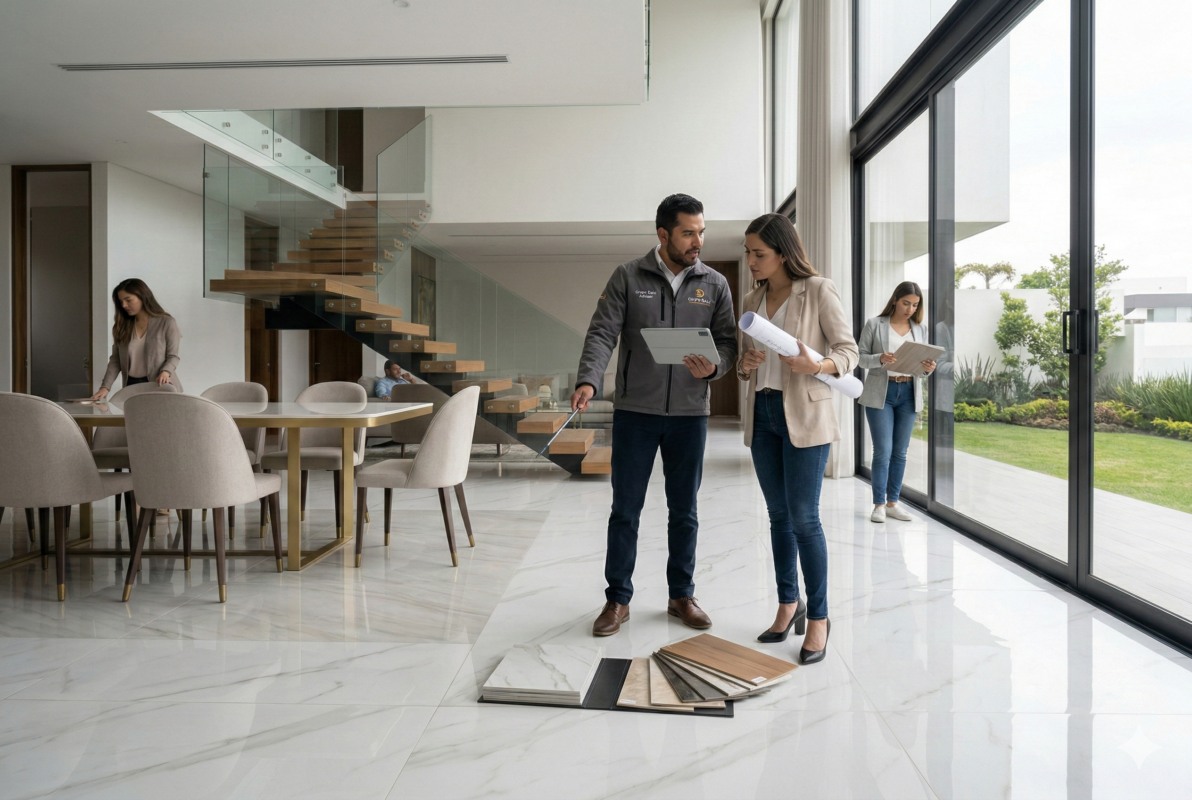 Asesor de Grupo Dalvi mostrando muestras de pisos porcelánicos y efecto madera a cliente en residencia con piso gran formato en Puebla