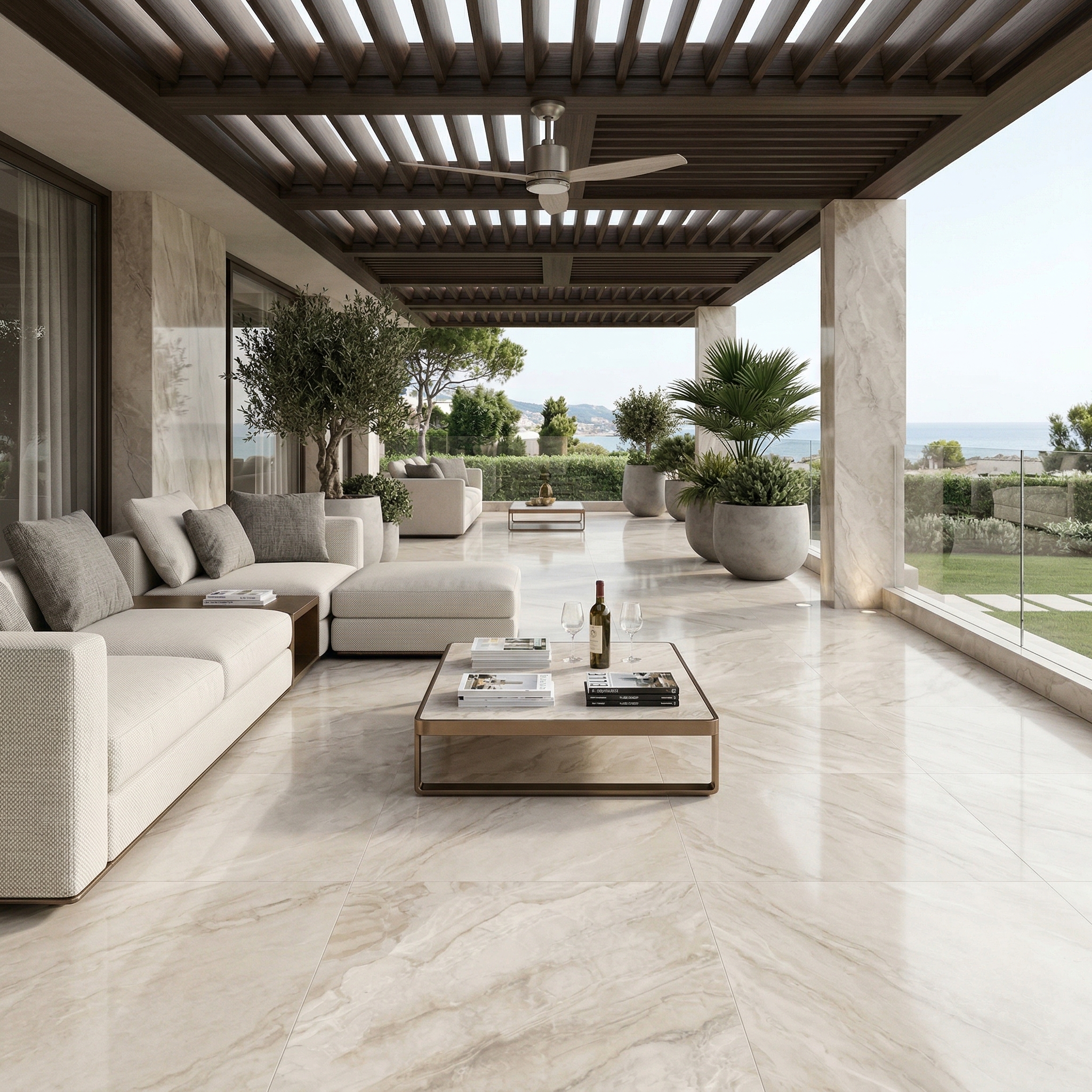 Terraza exterior con porcelánico 120x120 Alpinus Beige