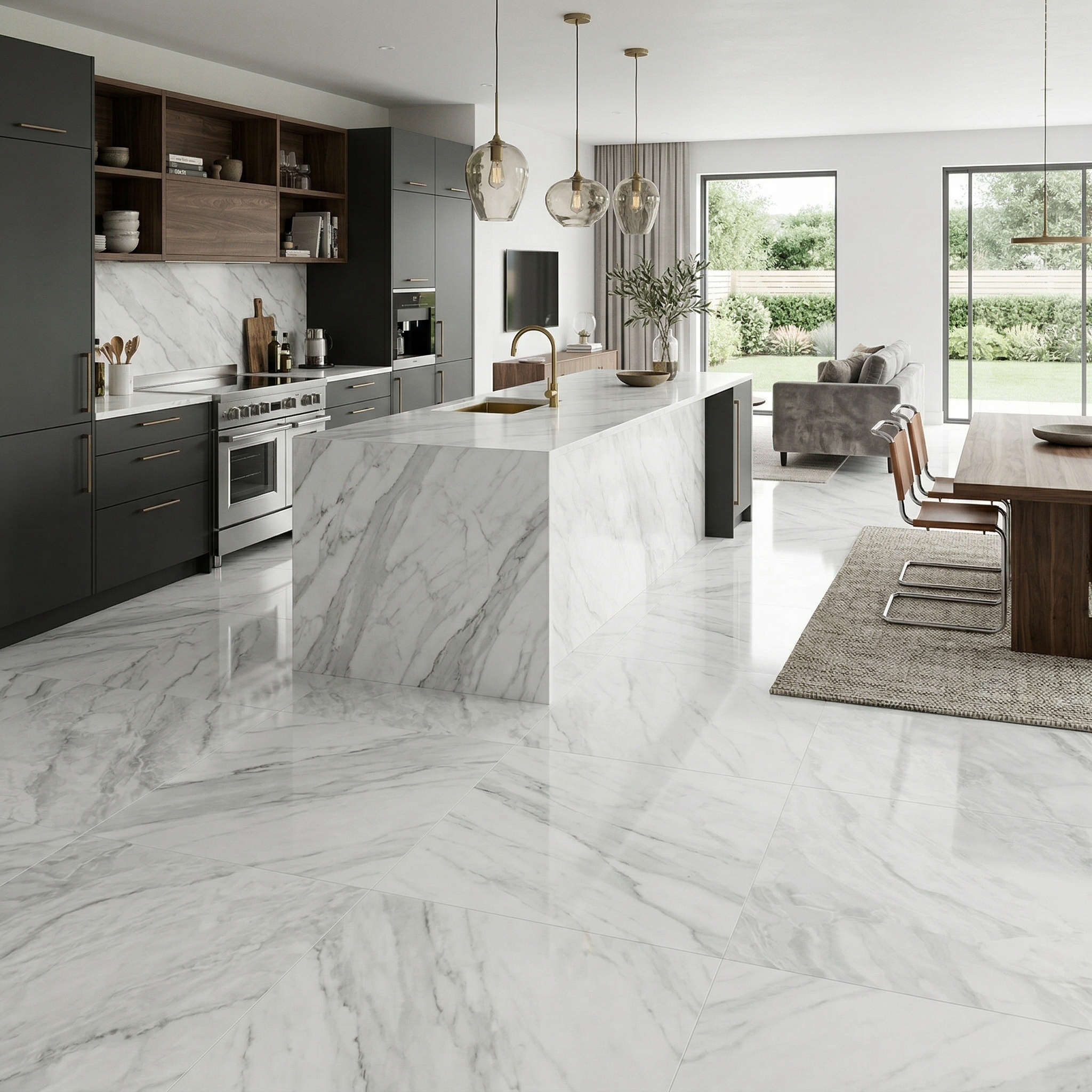 Cocina abierta con porcelánico 120x120 Alpinus Blanco