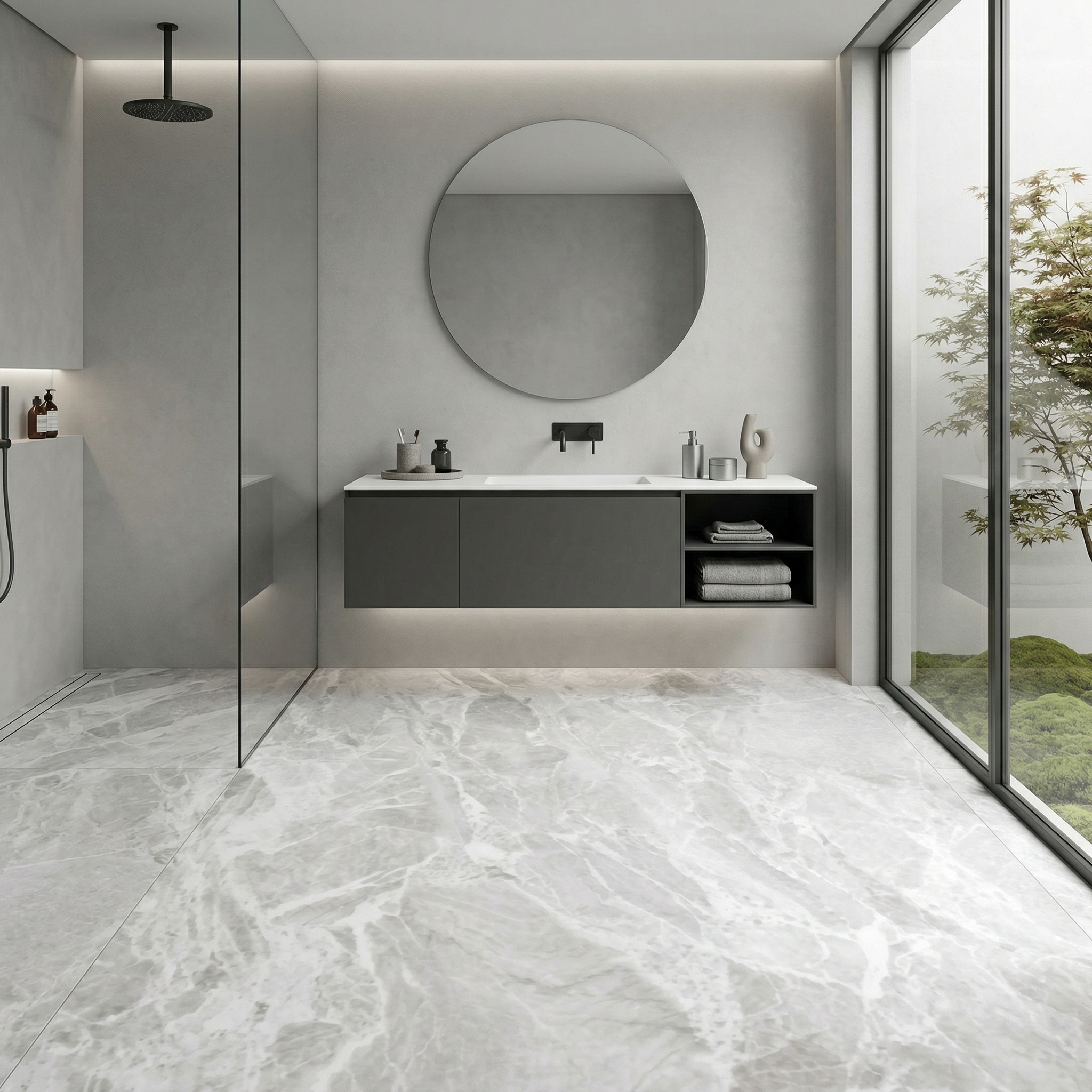 Baño minimalista con porcelánico 120x120 Carmen Grey