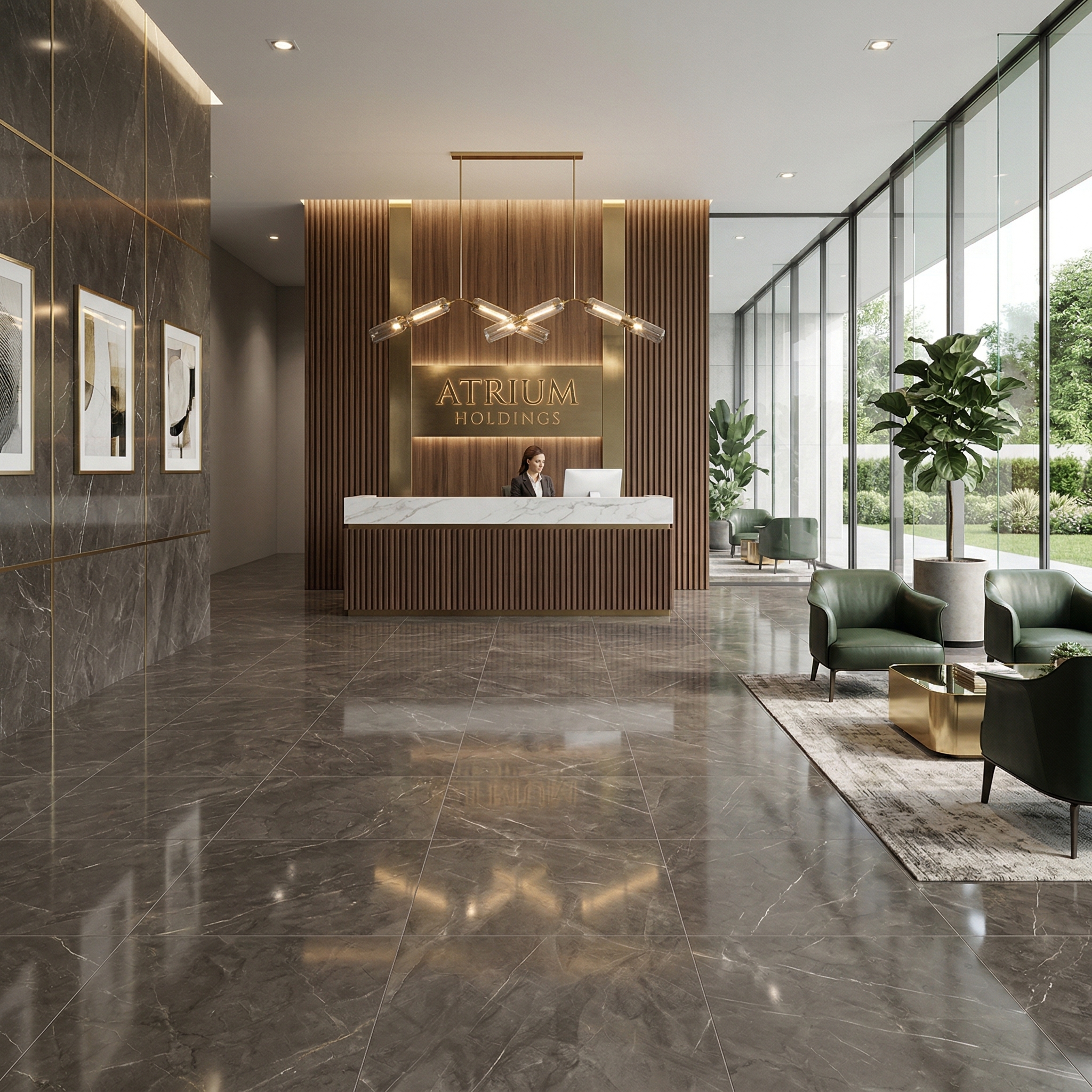 Lobby comercial con porcelánico 120x120 Oasis Cafe