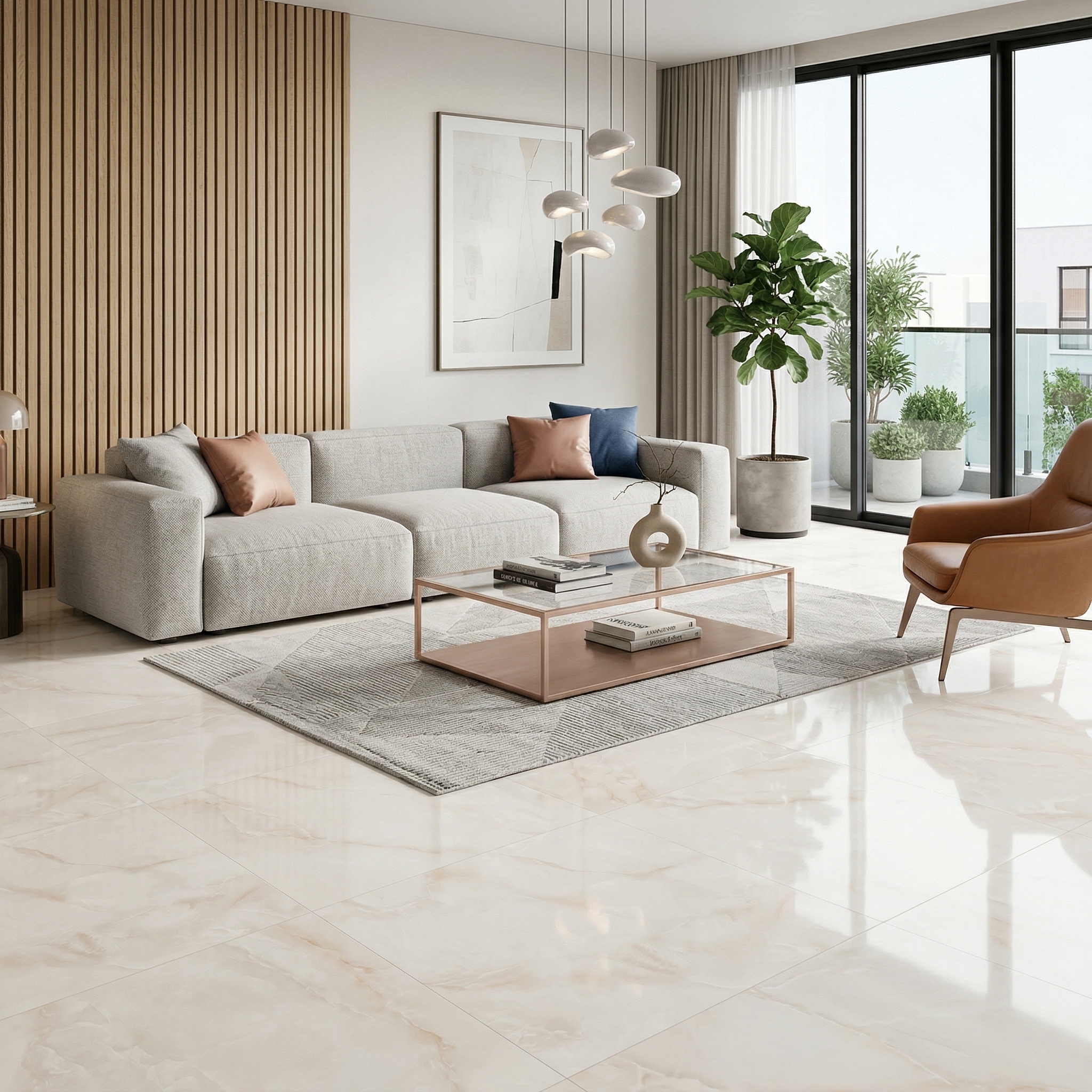 Sala moderna con porcelánico 120x120 Pearl Onix