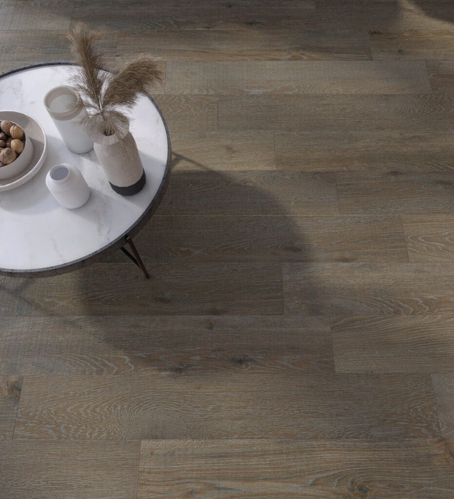 Render Timberland mesa closeup piso tipo madera Grupo Dalvi