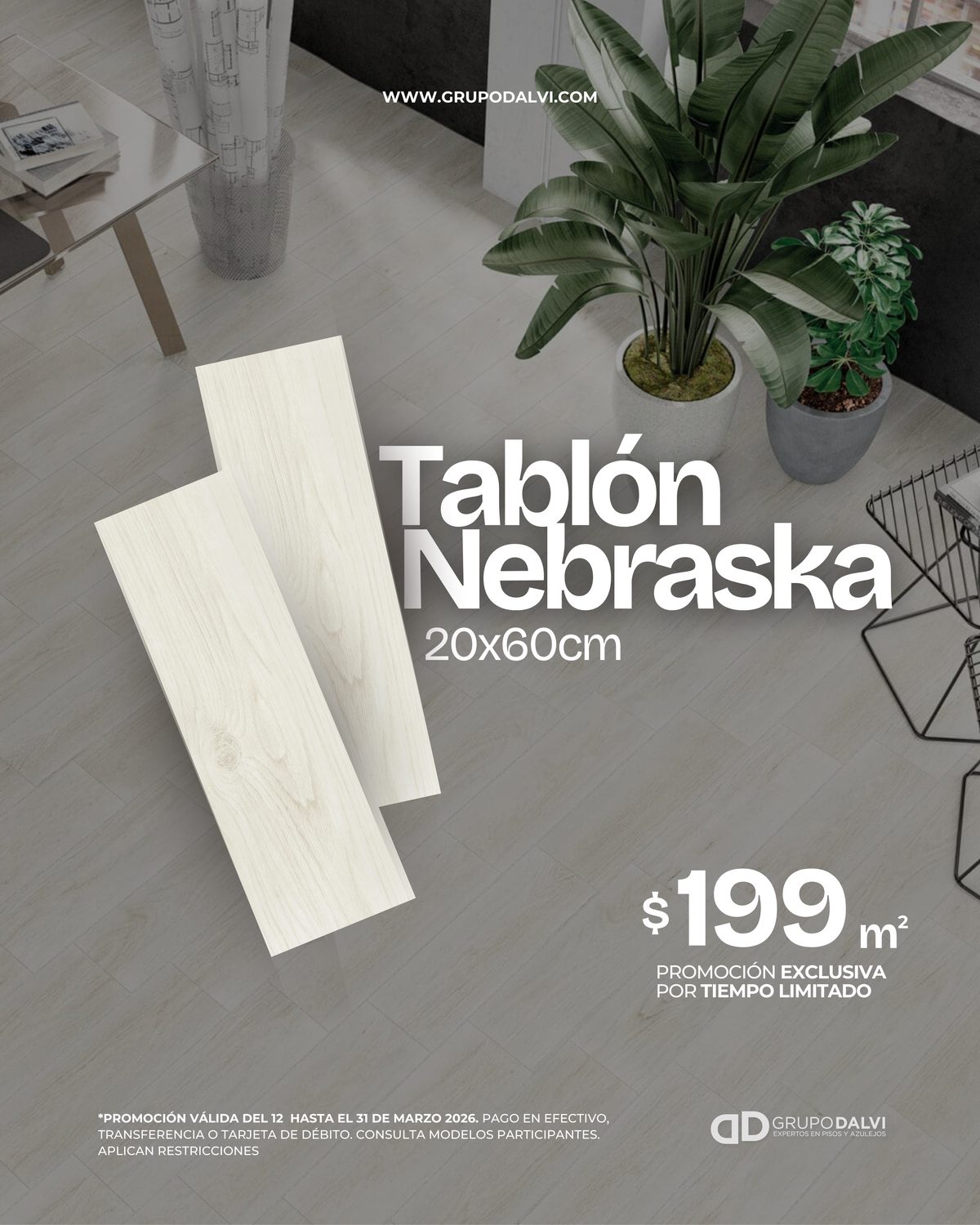 Tablón Nebraska Cesantoni 20x60cm piso tipo madera clara a $199/m² en Grupo Dalvi Puebla