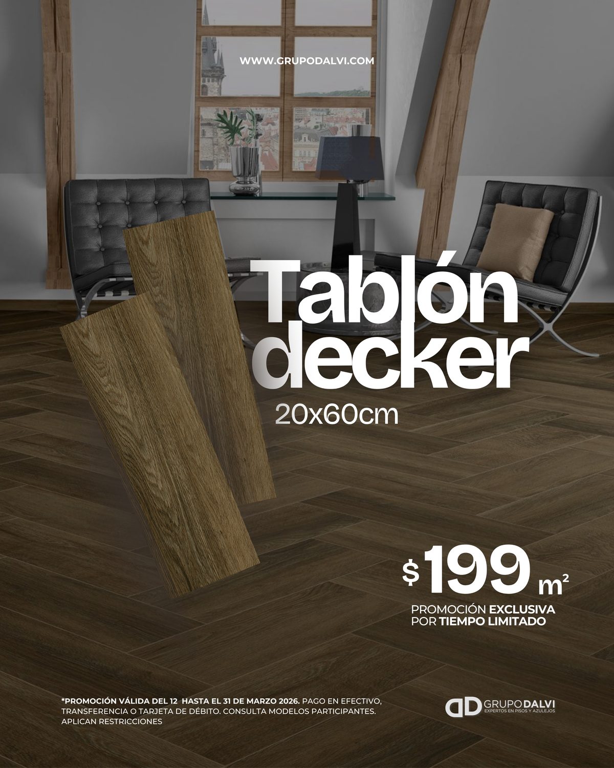 Tablón Decker Cesantoni instalado en sala elegante acabado madera oscura Grupo Dalvi Puebla