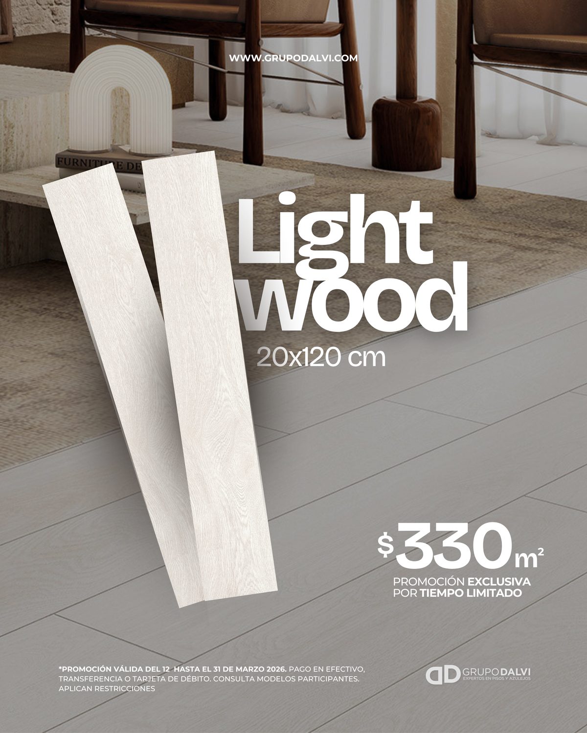 Light Wood Cesantoni 20x120cm piso gran formato tipo madera clara a $330/m² en Grupo Dalvi Puebla