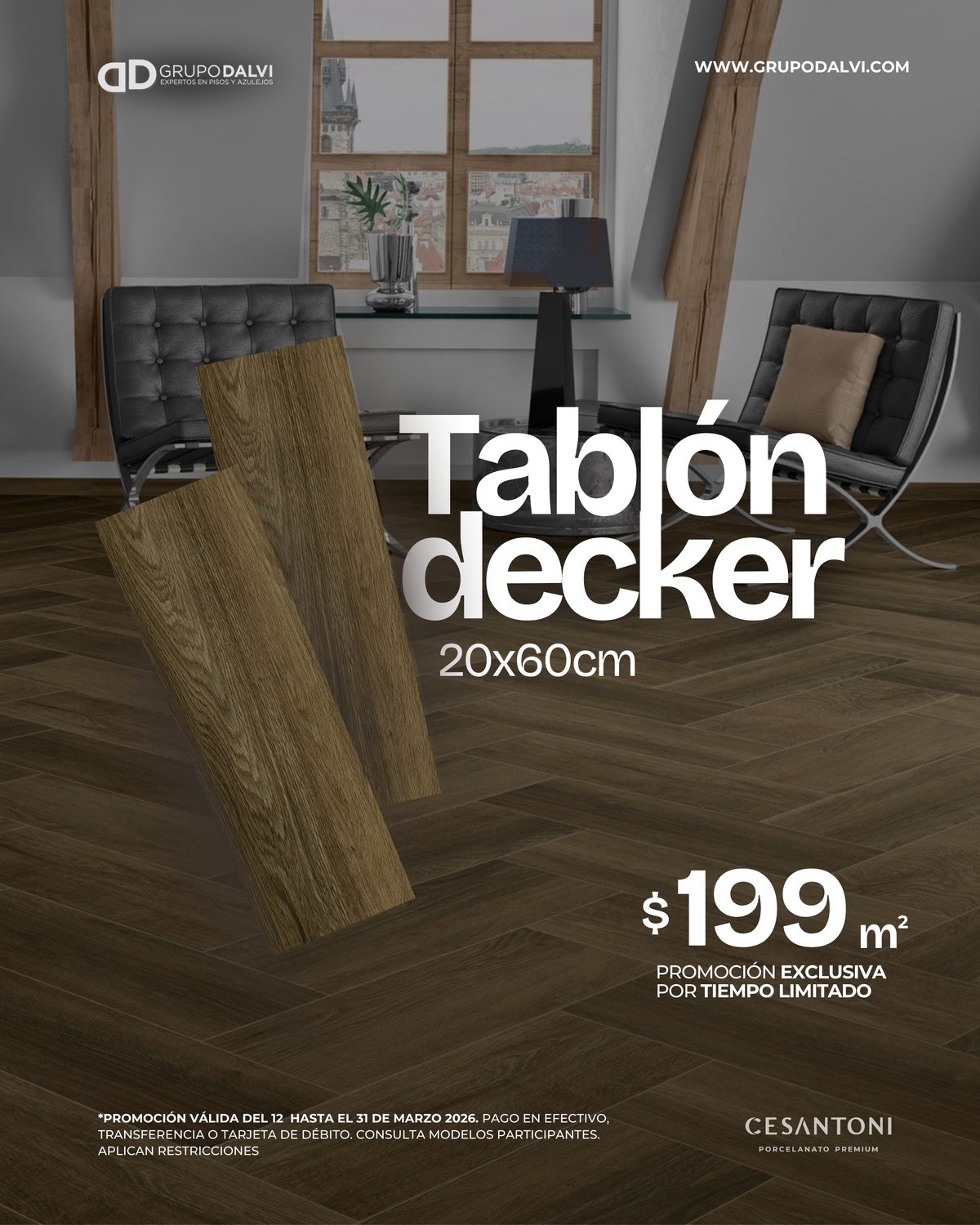 Tablón Decker Cesantoni 20x60cm piso tipo madera oscura a $199 por metro cuadrado en Grupo Dalvi Puebla