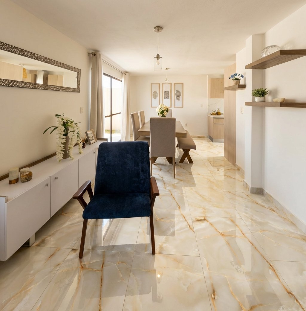 Comedor con piso porcelanico Lasa Oro Rivarolo Atlixco