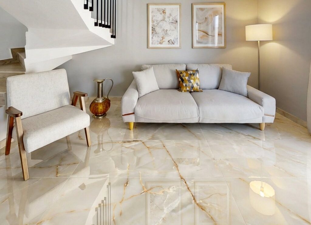 Sala residencial con piso Lasa Oro porcelanico italiano Rivarolo Atlixco