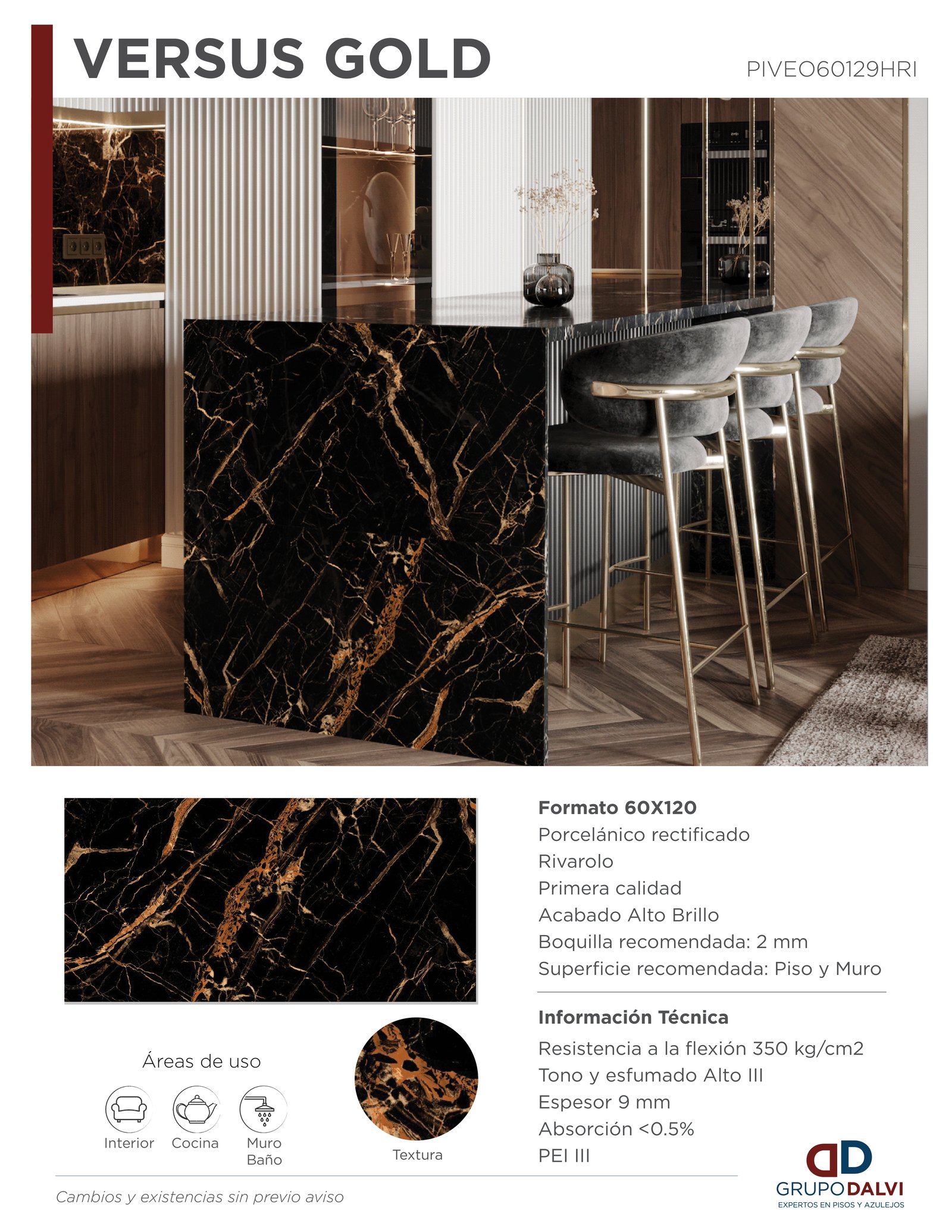 Porcelanico Rivarolo Versus Gold 60x120 alto brillo Grupo Dalvi Atlixco