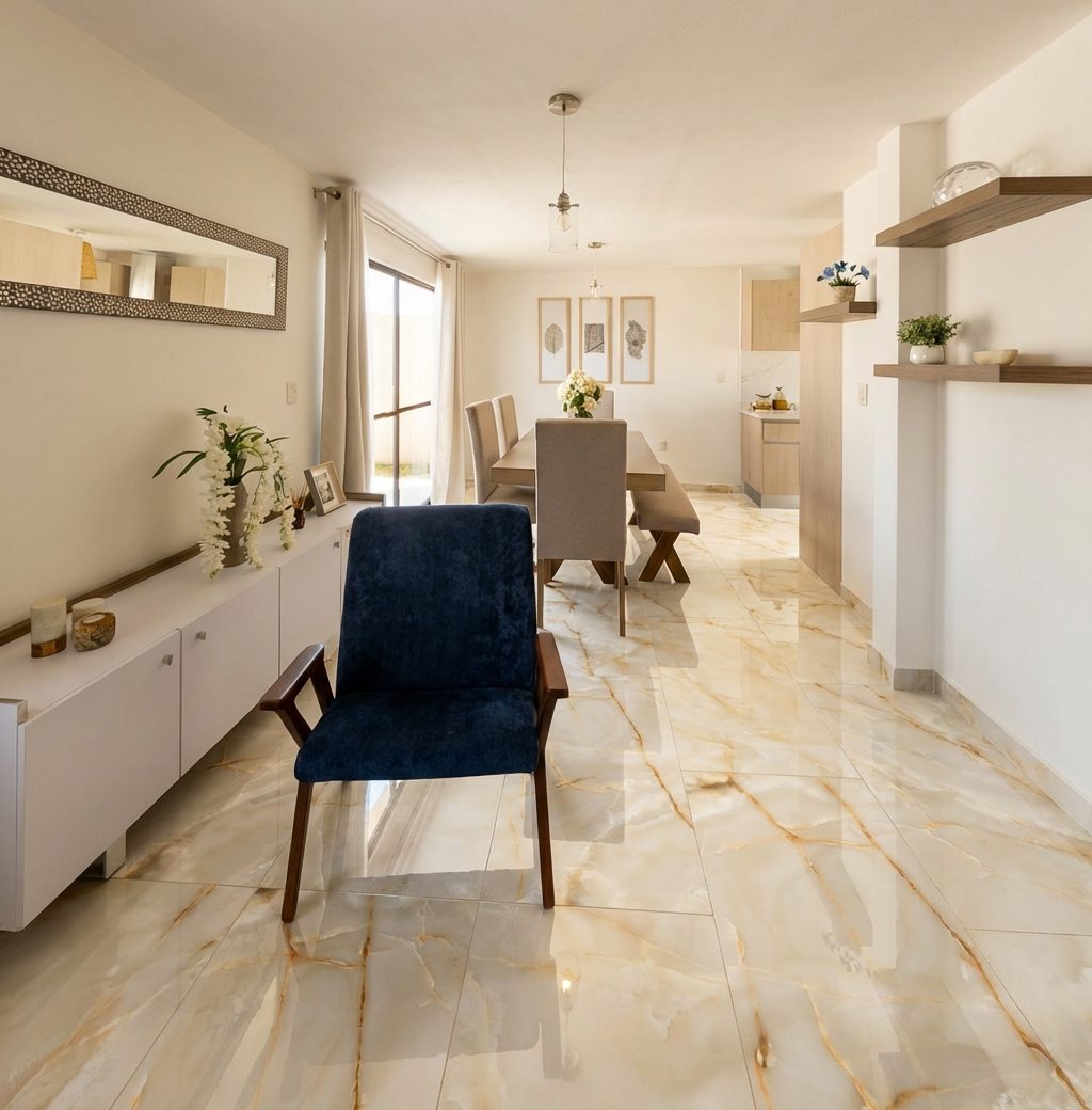 Comedor con Lasa Oro 60x120 brillante porcelánico Rivarolo