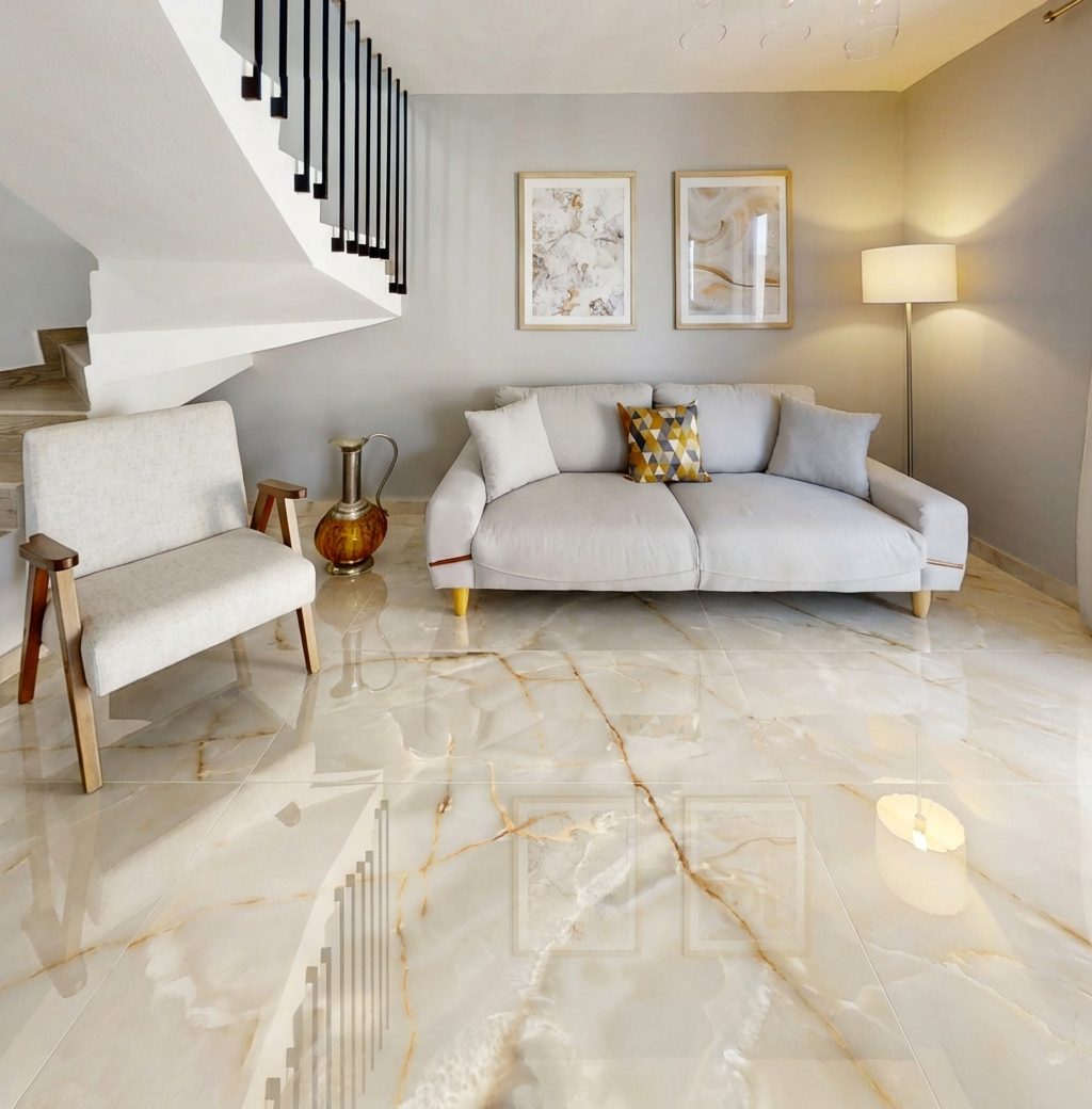 Sala con porcelánico Lasa Oro 60x120 brillante Rivarolo Grupo Dalvi