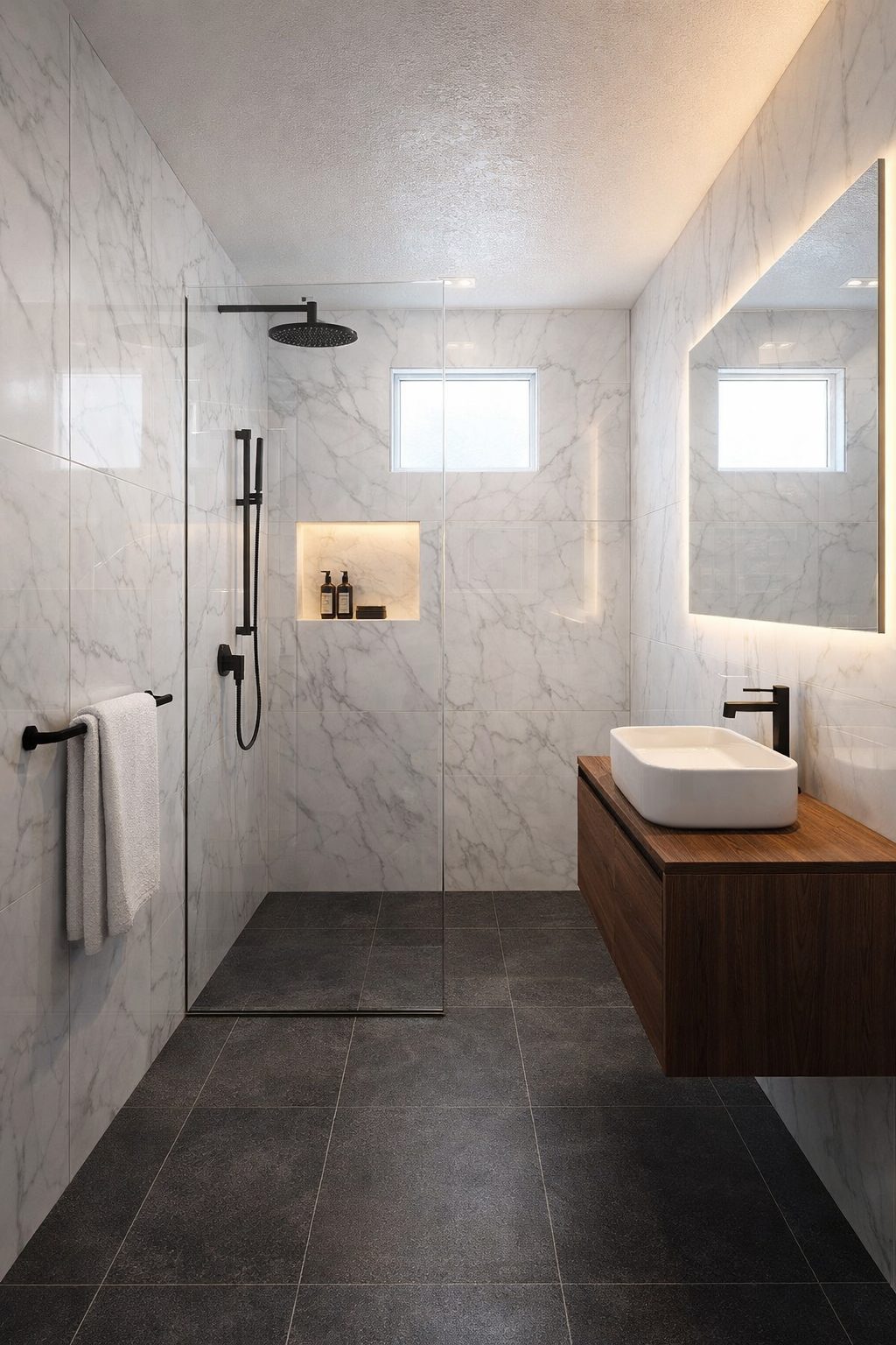 Baño con piso Miami Bianco 60x120 mate Rivarolo Grupo Dalvi