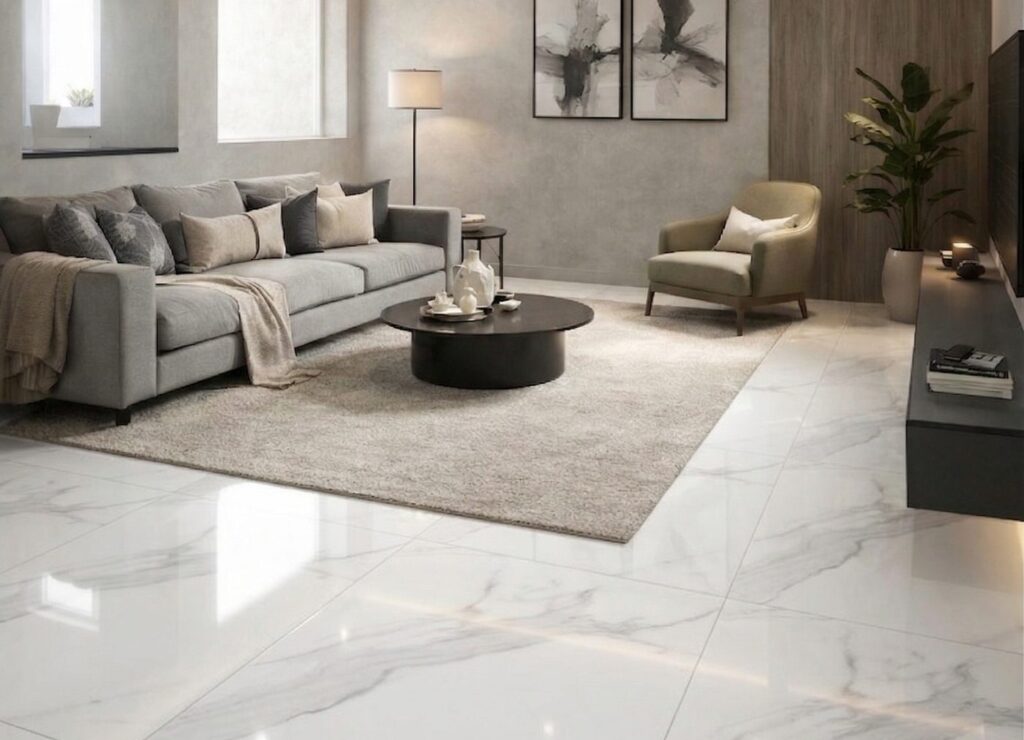 Sala con piso porcelánico Miami Bianco 60x120 acabado mate Rivarolo distribuido por Grupo Dalvi en Puebla