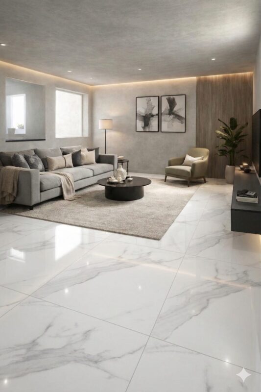 Sala con piso porcelánico Miami Bianco 60x120 acabado mate Rivarolo distribuido por Grupo Dalvi en Puebla