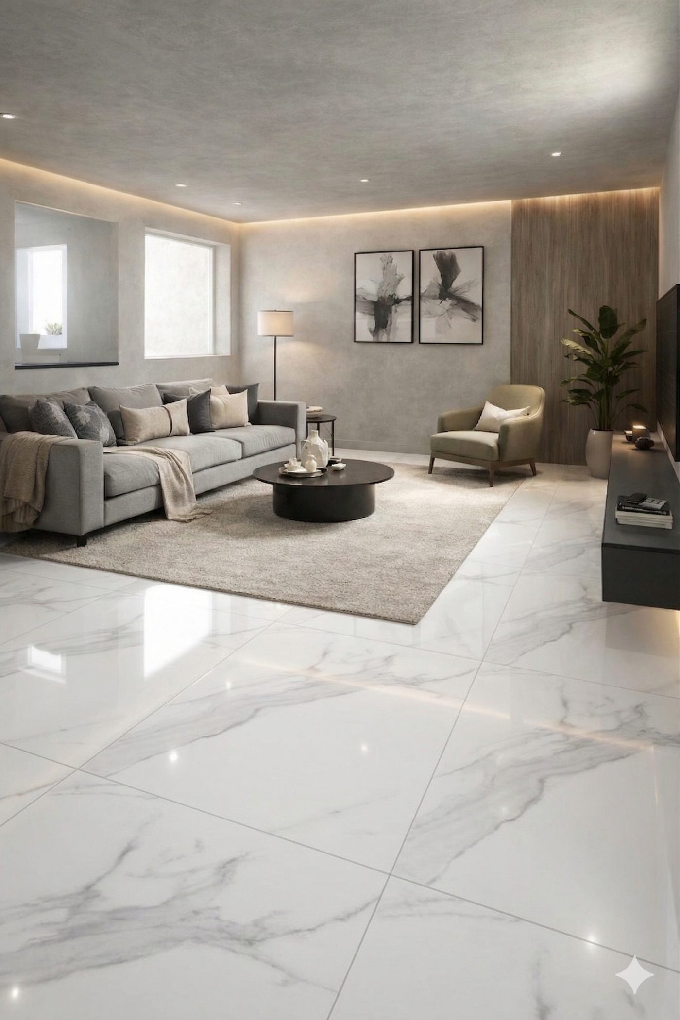 Sala con piso porcelánico Miami Bianco 60x120 acabado mate Rivarolo distribuido por Grupo Dalvi en Puebla