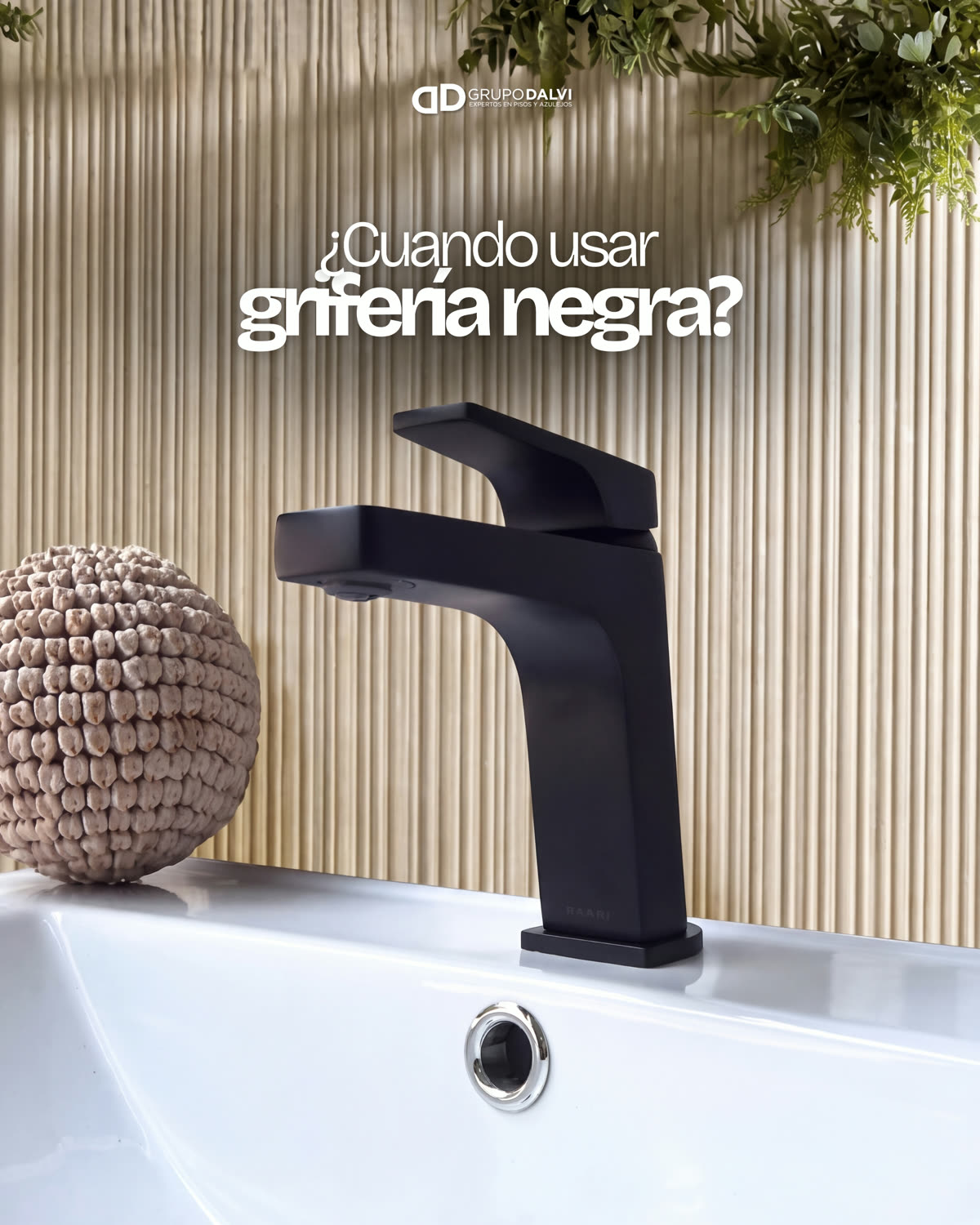 Baño con grifería negra mate sobre azulejos claros