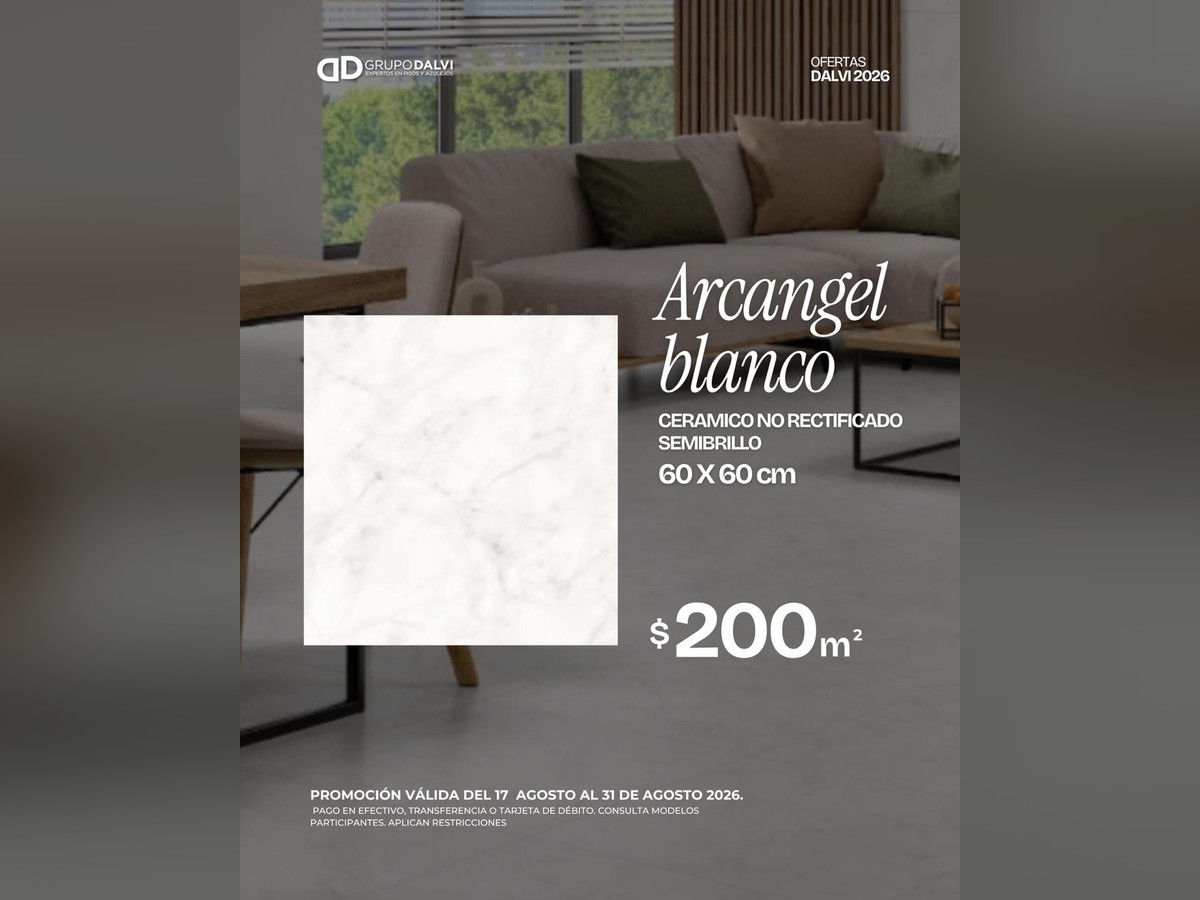 Oferta Arcangel Blanco cerámico no rectificado semibrillo 60 × 60 cm a $200 por m², Grupo Dalvi Puebla
