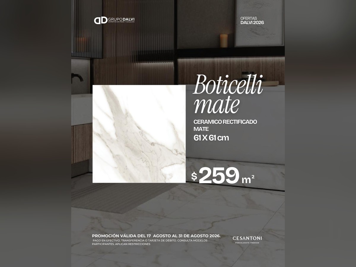 Oferta Boticelli Mate cerámico rectificado mate 61 × 61 cm a $259 por m², Grupo Dalvi Puebla
