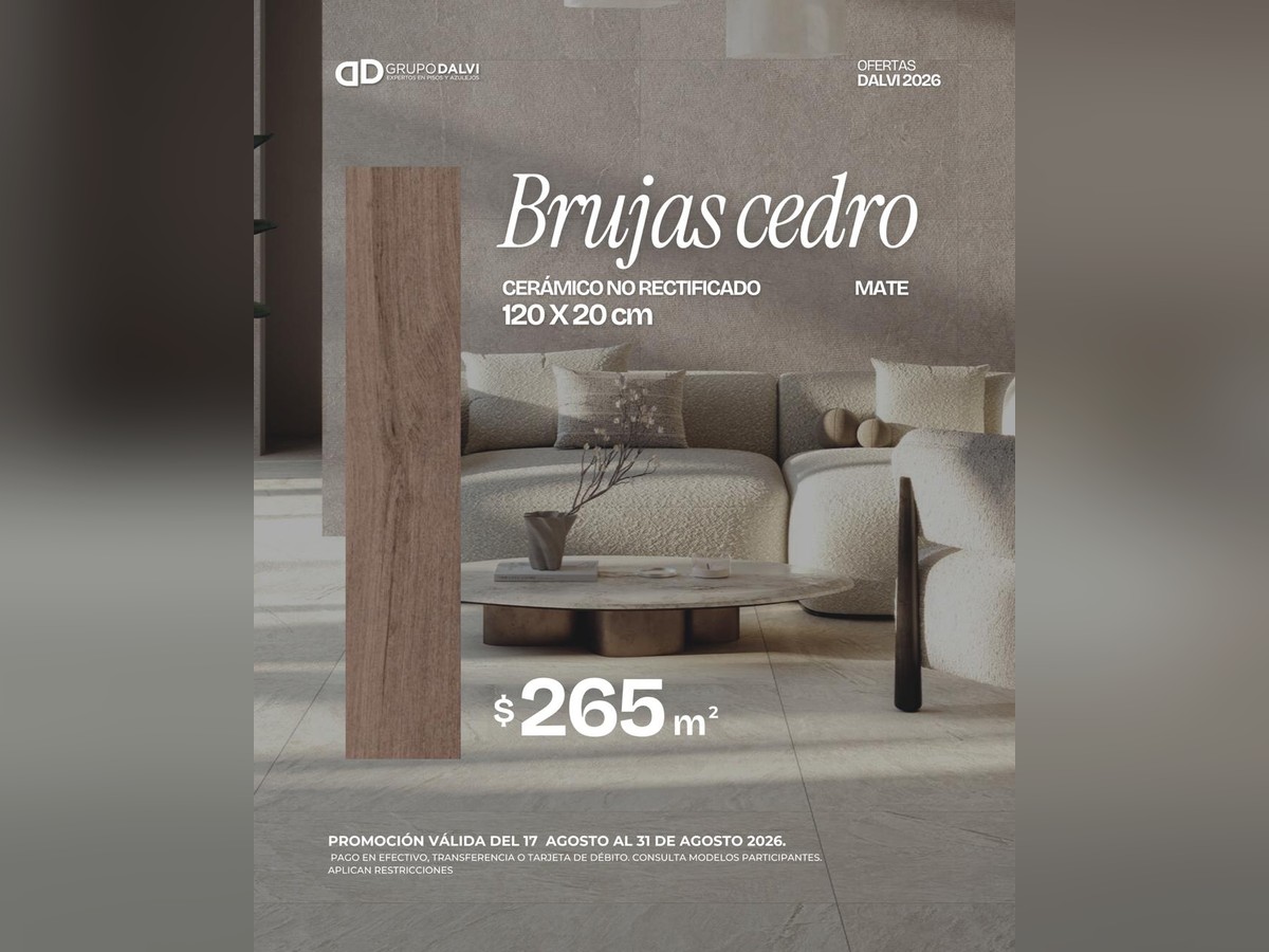 Oferta Brujas Cedro cerámico no rectificado mate 120 × 20 cm a $265 por m², Grupo Dalvi Puebla