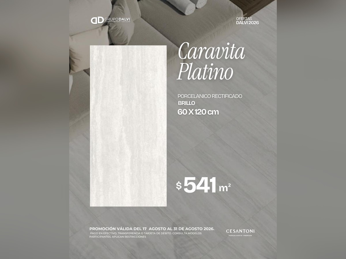 Oferta Caravita Platino porcelánico rectificado brillo 60 × 120 cm a $541 por m², Grupo Dalvi Puebla