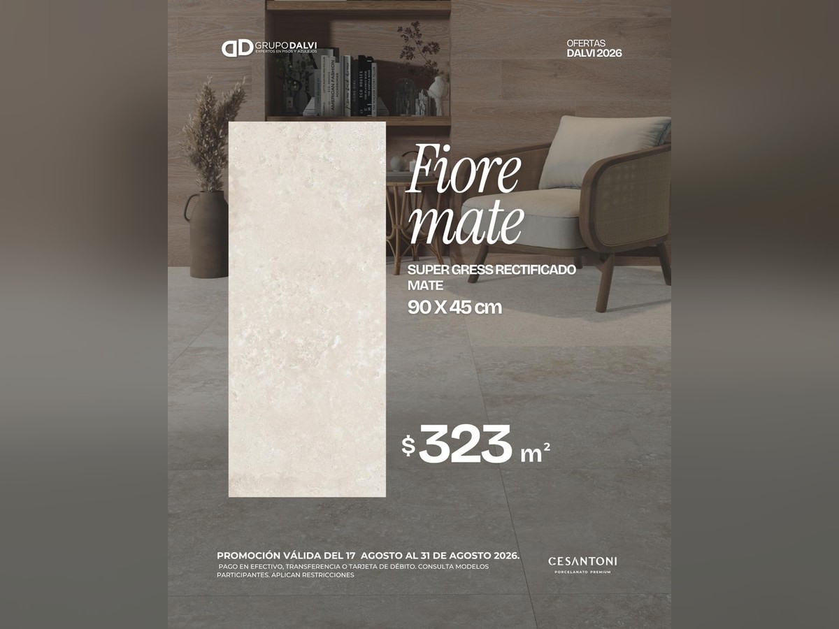 Oferta Fiore Mate super gress rectificado mate 90 × 45 cm a $323 por m², Grupo Dalvi Puebla