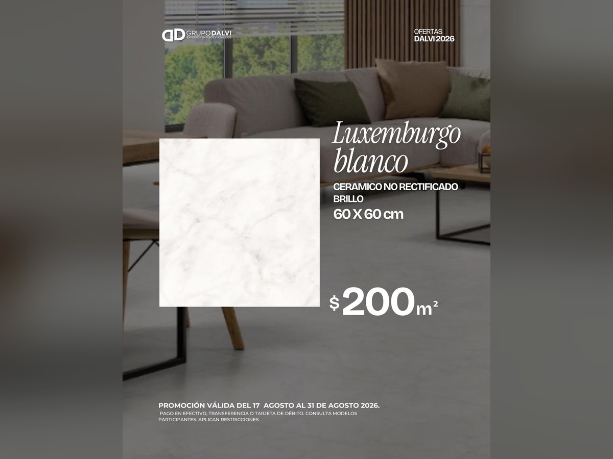 Oferta Luxemburgo Blanco cerámico no rectificado brillo 60 × 60 cm a $200 por m², Grupo Dalvi Puebla