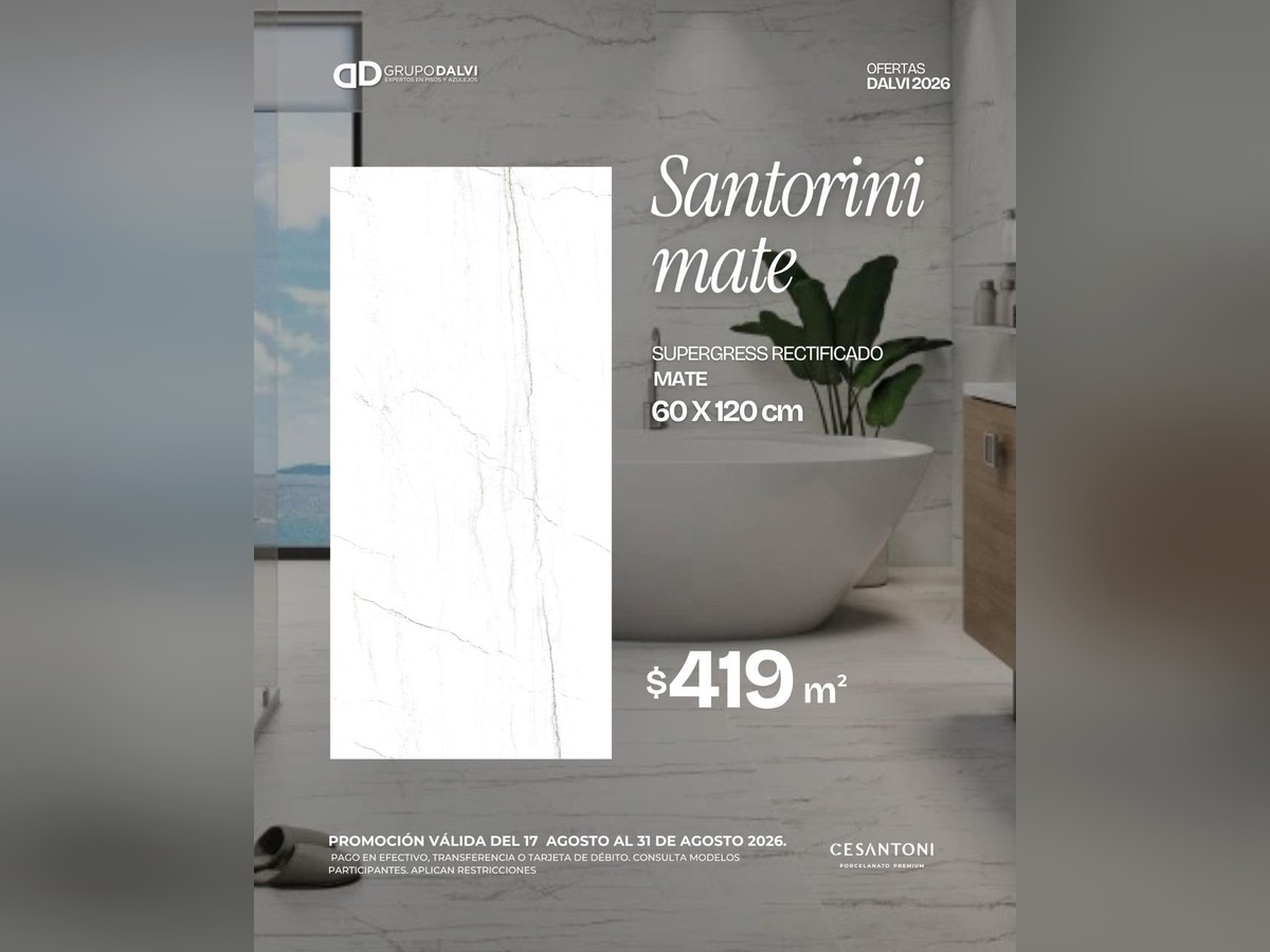 Oferta Santorini Mate supergress rectificado mate 60 × 120 cm a $419 por m², Grupo Dalvi Puebla