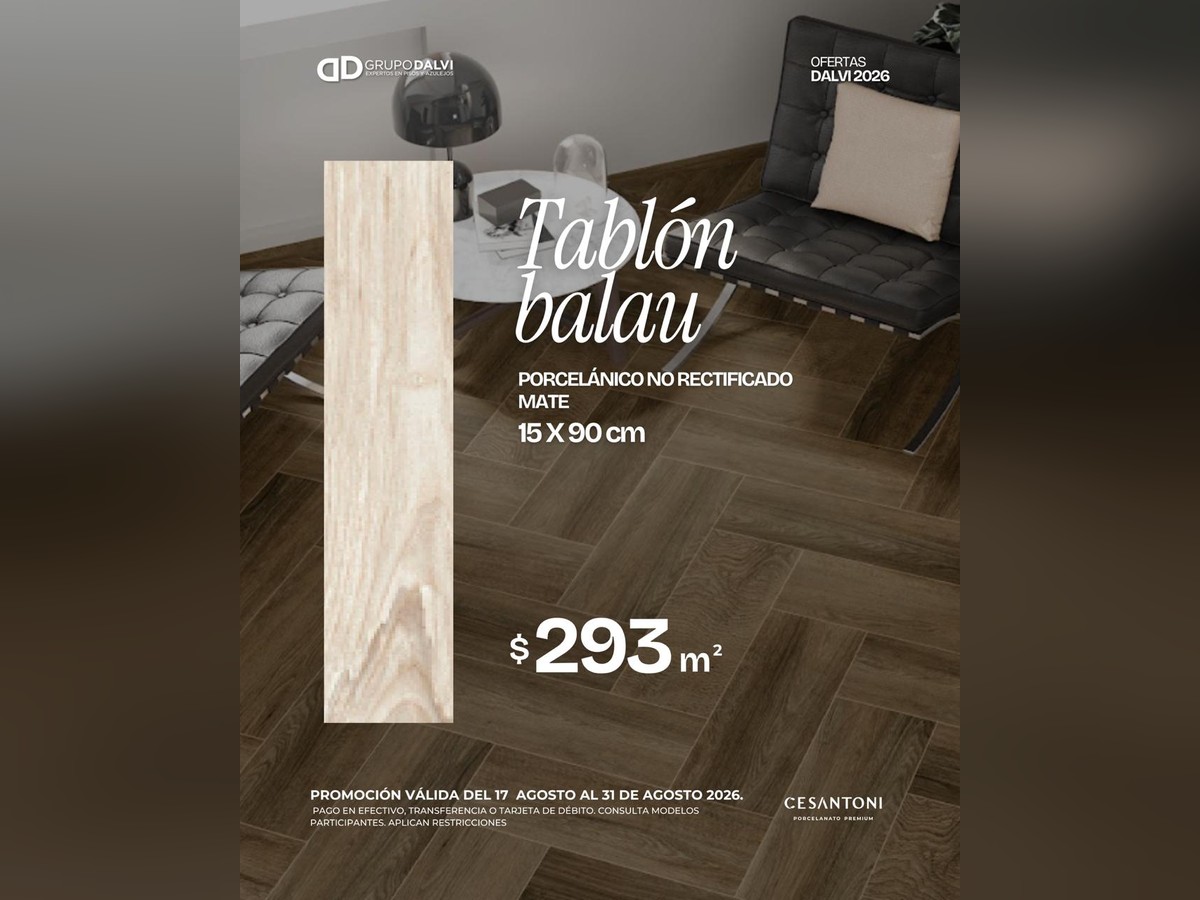Oferta Tablón Balau porcelánico no rectificado mate 15 × 90 cm a $293 por m², Grupo Dalvi Puebla