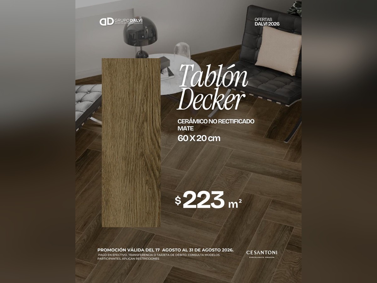 Oferta Tablón Decker cerámico no rectificado mate 60 × 20 cm a $223 por m², Grupo Dalvi Puebla