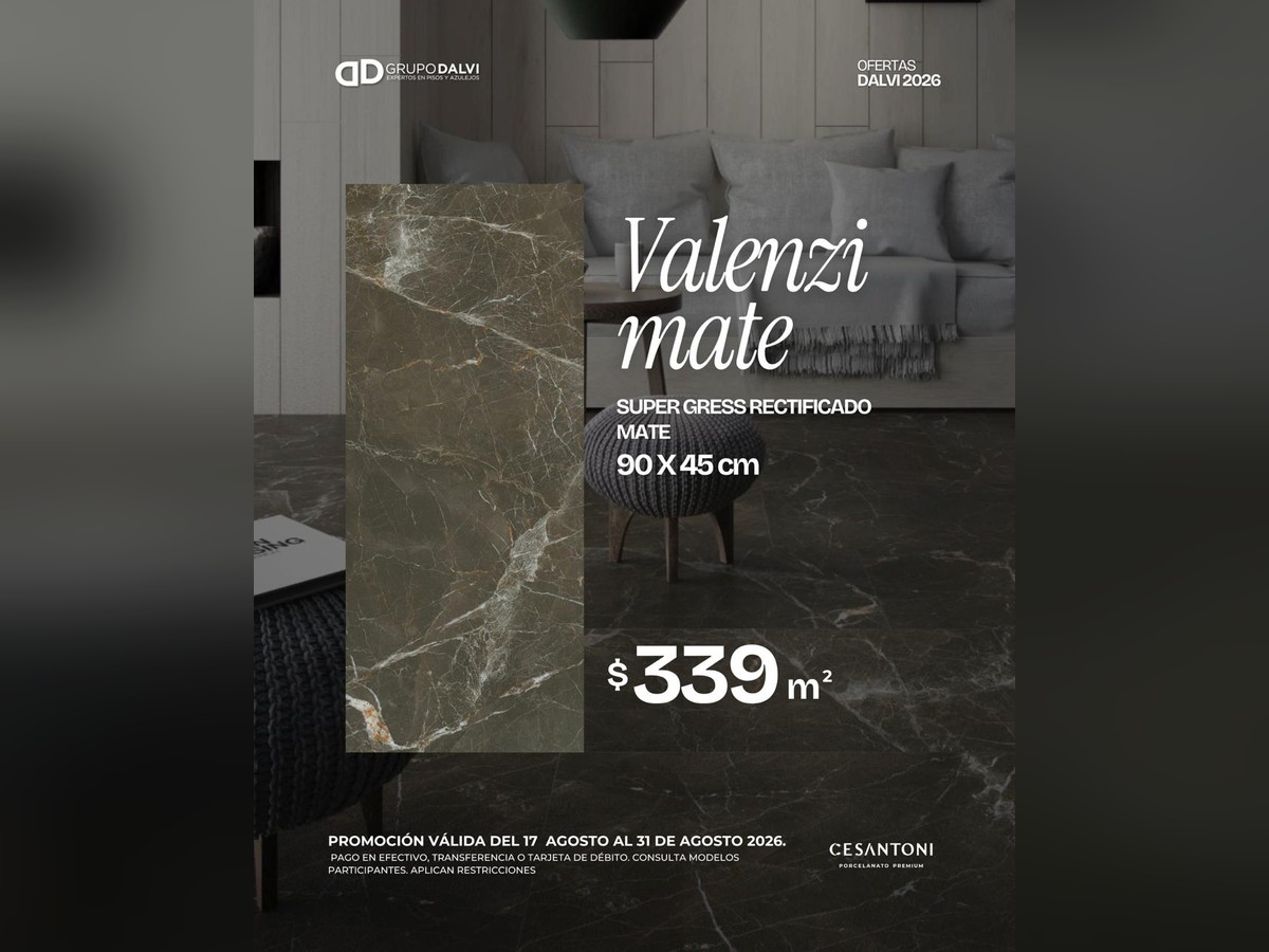 Oferta Valenzi Mate super gress rectificado mate 90 × 45 cm a $339 por m², Grupo Dalvi Puebla