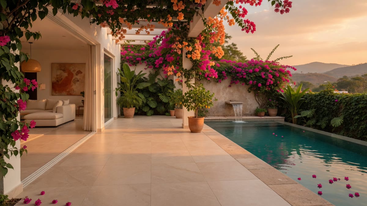 Terraza con alberca en Cuernavaca con porcelanato de gran formato interior-exterior — Grupo Dalvi Puebla