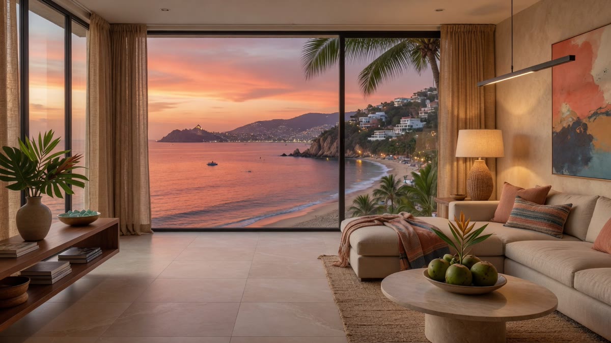 Sala con vista a la bahía de Acapulco y piso de porcelanato mate — Grupo Dalvi Puebla