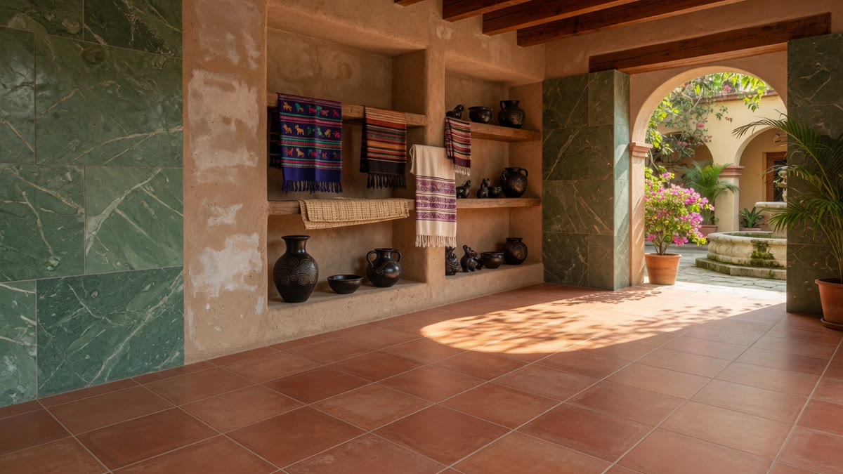 Interior oaxaqueño con cantera verde, barro negro y piso de porcelanato símil barro — Grupo Dalvi Puebla