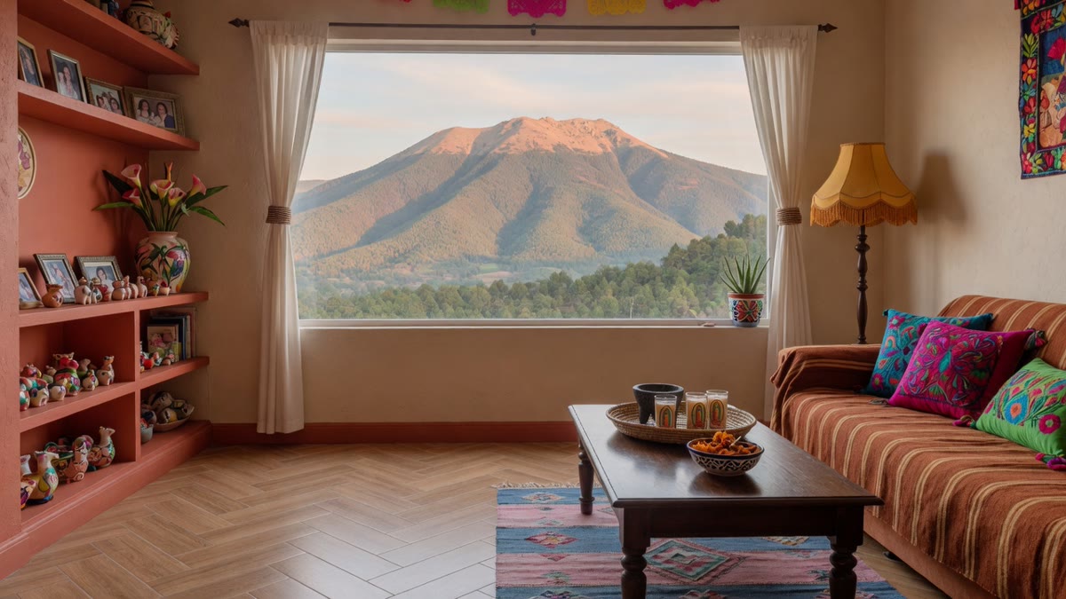Sala familiar en Tlaxcala con piso de porcelanato tipo madera y vista a La Malinche — Grupo Dalvi Puebla