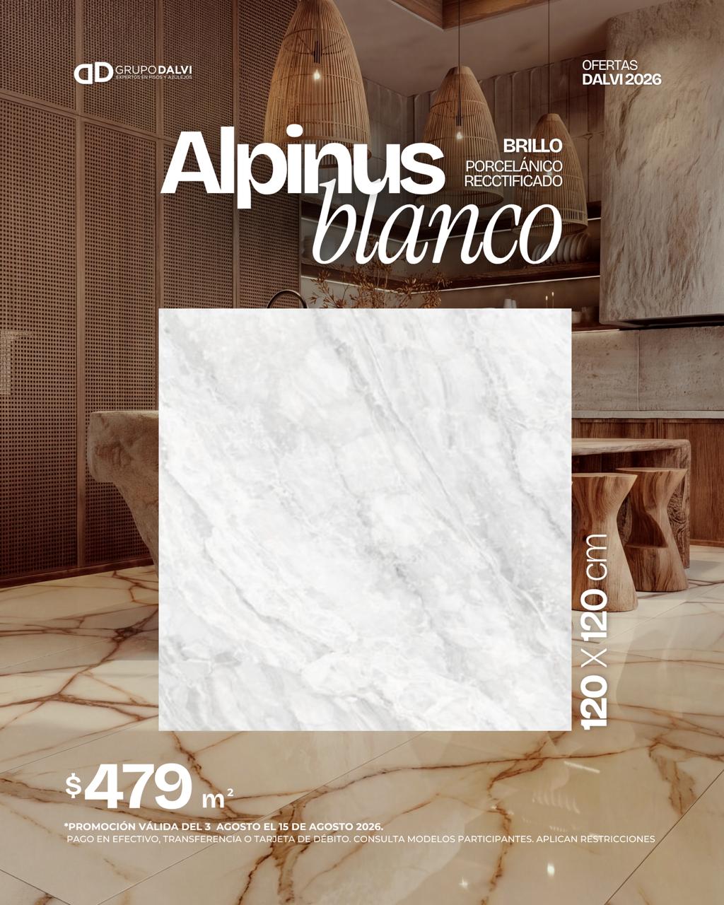 Porcelanato Alpinus Blanco brillo 120x120 cm formato gran cuadrado, oferta agosto 2026 Grupo Dalvi Puebla