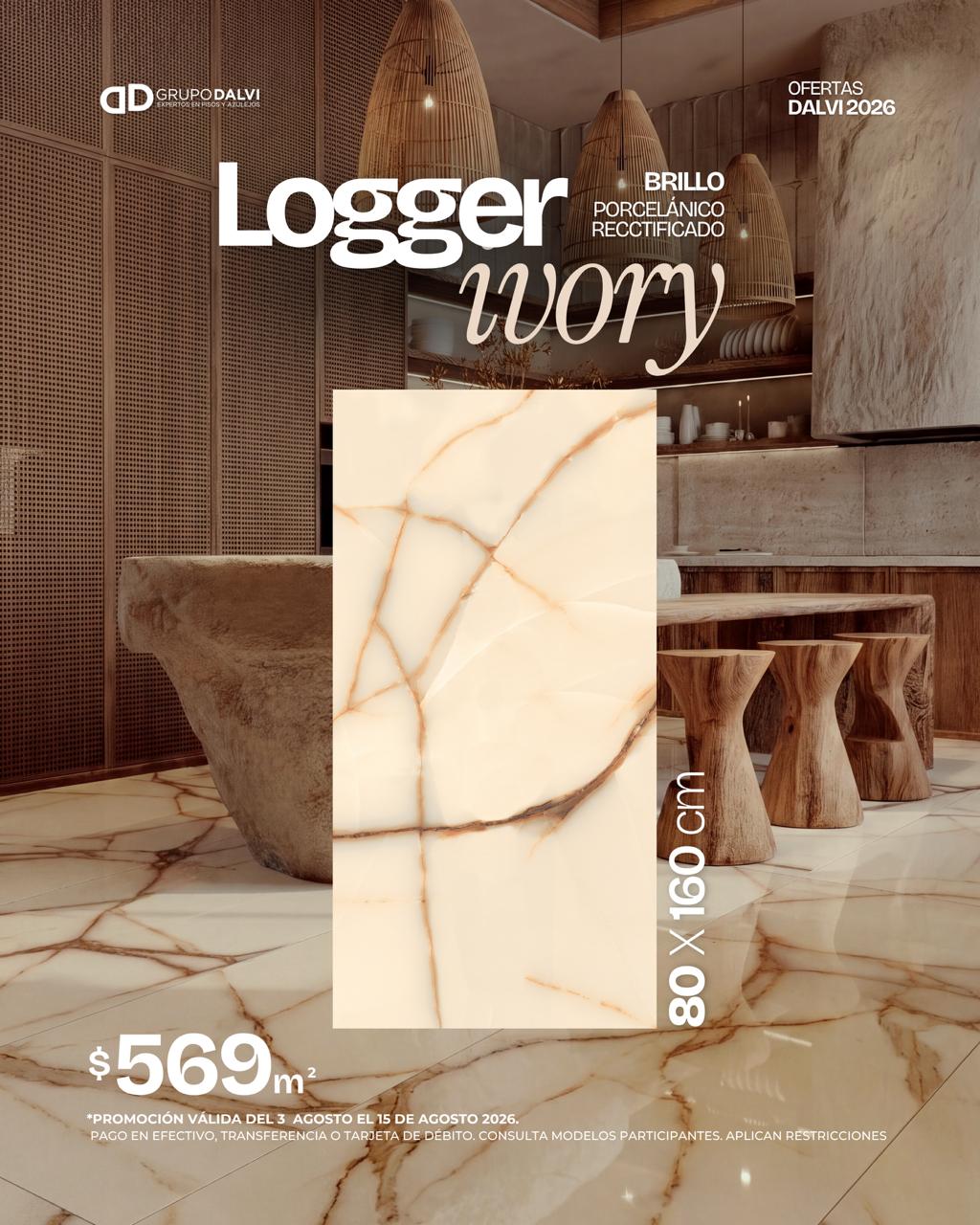 Porcelanato Logger Ivory brillo 80x160 cm en comedor de diseño, oferta agosto 2026 Grupo Dalvi Puebla